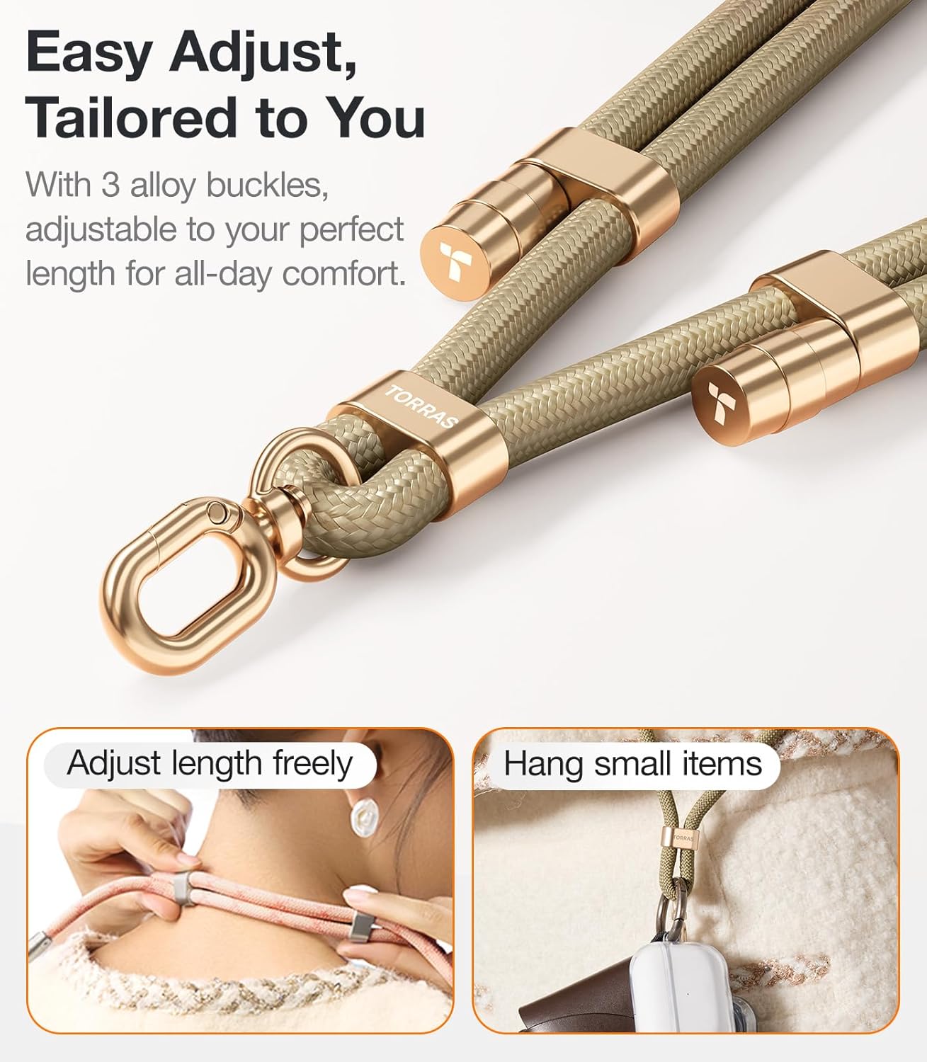 TORRAS Phone Lanyard Crossbody with 2 Phone Tabs, Adjustable Anti Theft Phone Strap for All Phones, Premium Metal Buckles, Skin-Friendly, Universal Cell Phone Neck lanyard for Women and Men, Khaki
