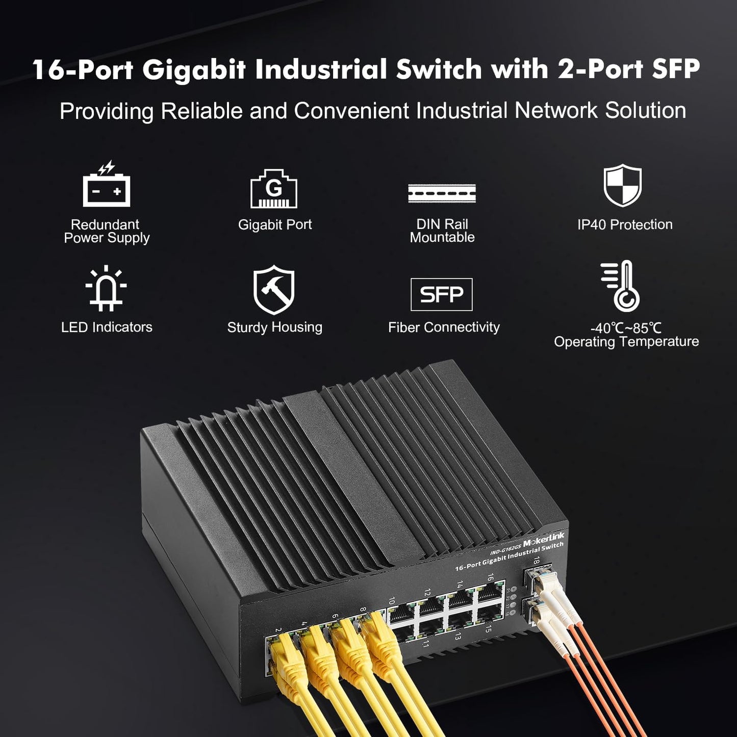 MokerLink 16 Port Gigabit Industrial DIN-Rail Ethernet Switch, 2 Gigabit SFP Ports, Unmanaged IP40 Network Switch (-40 to 185°F), with Power Supply