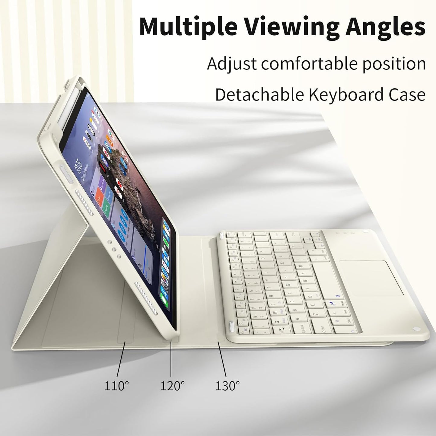 JKSML for iPad(A16) 11th/10th Generation Case with Keyboard (11/10.9 inch) 2025/2022, Wireless Detachable Bluetooth Cover with Trackpad, Flip Stand Case Thin with Pencil Holder, Cream White