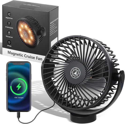 Magnetic Cruise Fan with 12000mAh Battery - Portable Cabin Air Circulator, 3-Speed LED Desk Fan with Timer, Power Bank & Ceiling/Wall Mount, Cruise Ship Approved for Travel (Black)