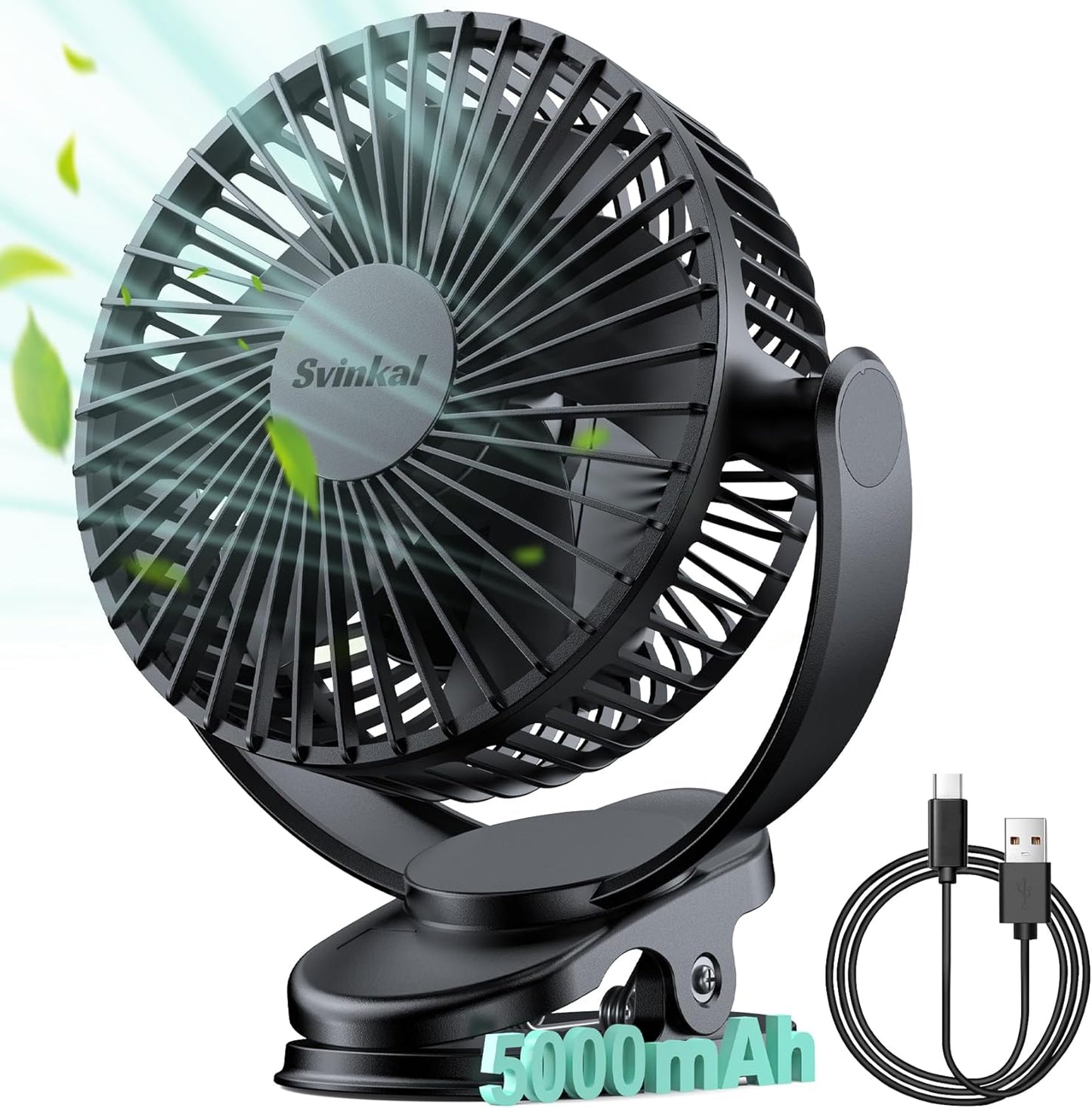USB Personal Clip on Fan 5000mAh Battery Operated 6in, Type C, 3 Speed, 720° adjustment, Small Portable Fan for Table, Bedroom, Desk, dormitory, Camping, Stroller, Golf Cart