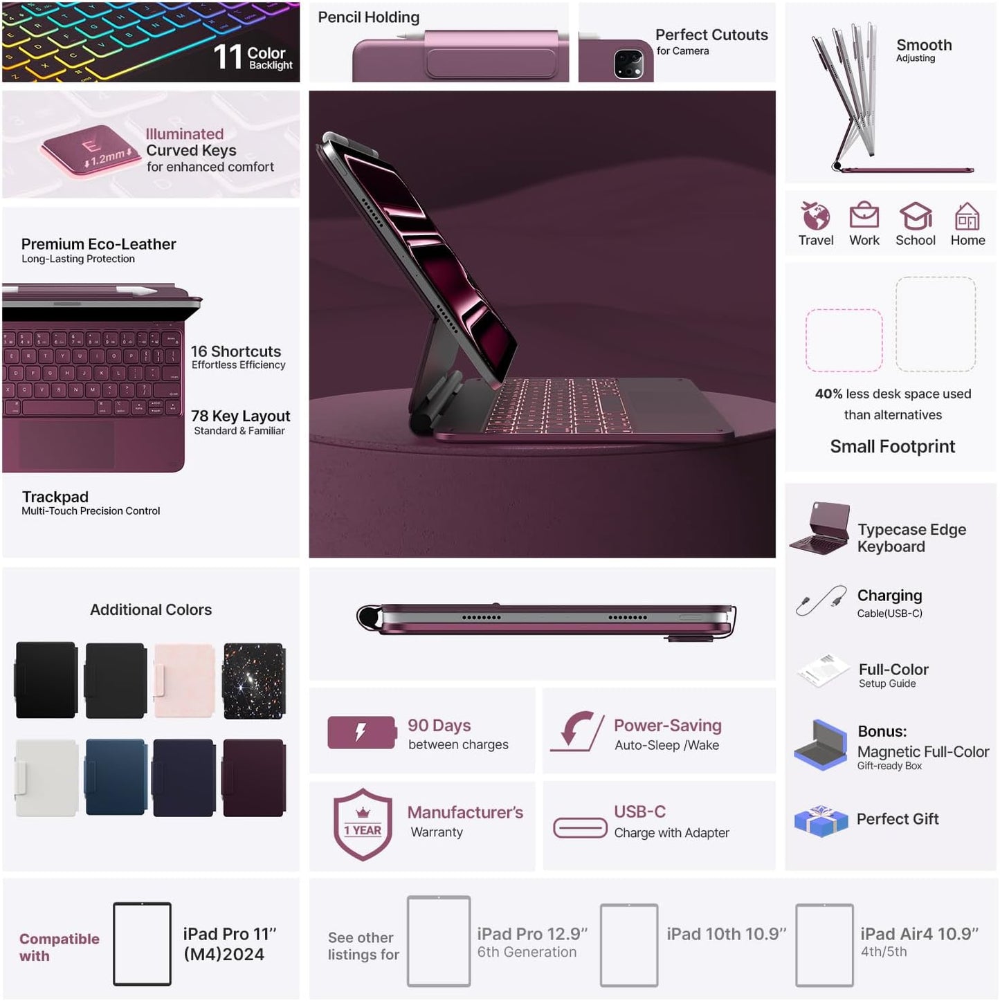 typecase Keyboard Case for iPad Pro 11-inch (M4) 2024,Magic Keyboard with 11 Colors Backlight for iPad Pro 11,Keyboard Case with Pencil Holder,Multi-Touch Trackpad,Easy-Set Magnetic Stand,Raspberry