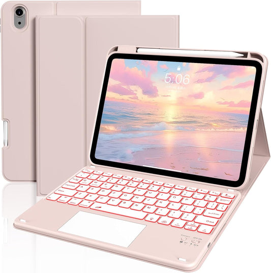 JKSML for iPad(A16) 11th/10th Generation Case with Keyboard (11/10.9 inch) 2025/2022, 7 Color Backlight Detachable Bluetooth Cover with Trackpad, Flip Stand Case Thin with Pencil Holder, Baby Pink