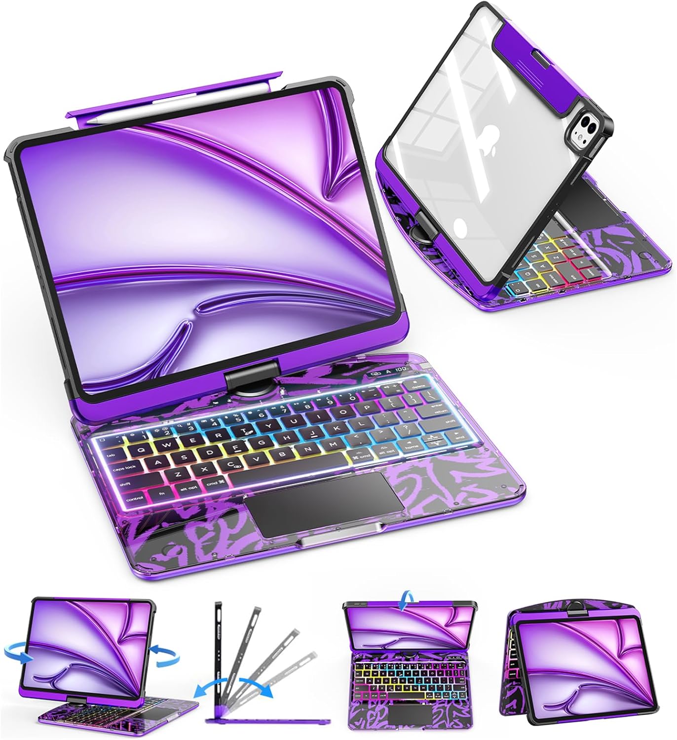 SIEBITU Clear Wireless Keyboard Case for iPad Air 13-inch (M3 2025/M2 2024) & iPad Pro 12.9-inch 6th 5th 4th 3rd Gen with Pencil Holder, Multi-Touch Trackpad & 7-Color Backlit, 360°Rotating, Purple