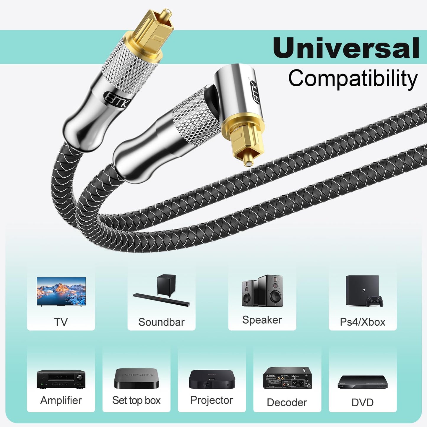 EMK Premium 24K Gold-Plated Right Angle Optical Cable – 90° Toslink to Toslink (2M/6Ft), 360° Rotatable for Soundbars, TVs & Home Theater