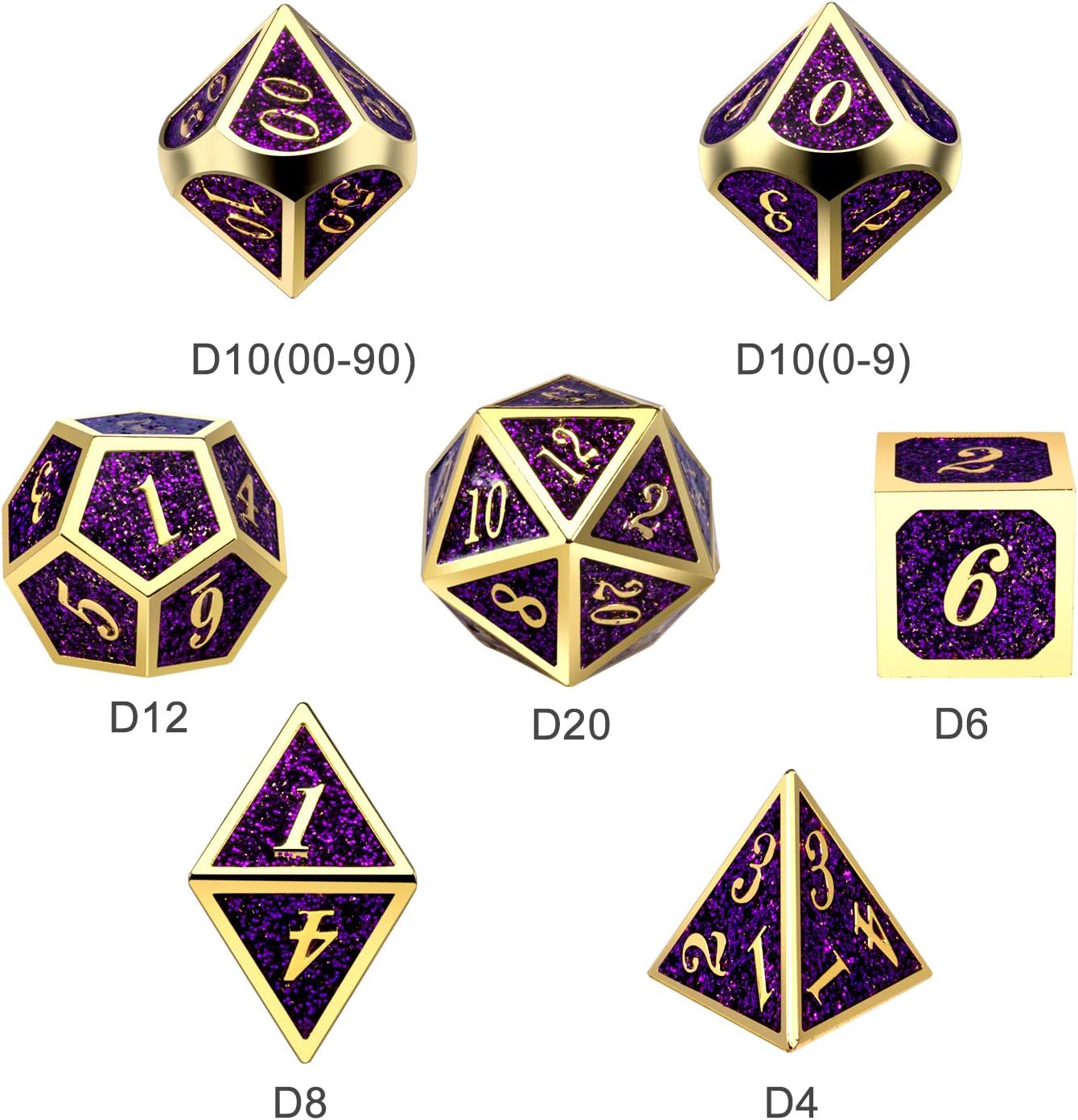 DNDND Glitter Purple Metal Dice Set, Solid Polyhedral DND Metallic Dice with Free Metal Case for Role Polying Game Dungeons and Dragons