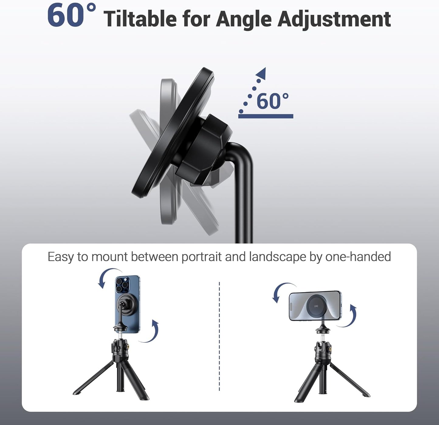 Magnetic Phone Tripod Mount Adapter with Arca Base&1/4" Screw Hole Compatible with MagSafe, 60° Tilt iPhone Tripod Holder for iPhone 17 16 15 14 13 12 Pro Max Plus, Selfie Stick Tripod Arca Ball Head