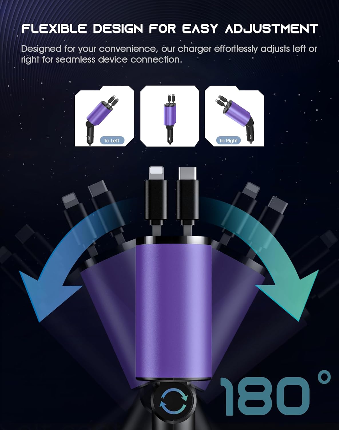 Retractable Car Phone Charger, 4 in 1 Fast Charge Car Phone Charger with 2 Retractable Cables(2.6ft) and 2 USB Ports, Compatible with iPhone15/14/15 Pro Max,Samsung (Purple)