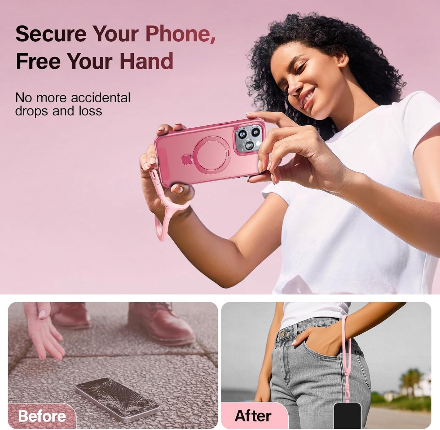 Phone Wrist Strap, Universal Adjustable Hand Wrist Strap Lanyard for iPhone 16 and Most Smartphones, Multifunctional Patch Lanyard with Phone Tether Tab for Women and Men, Pink