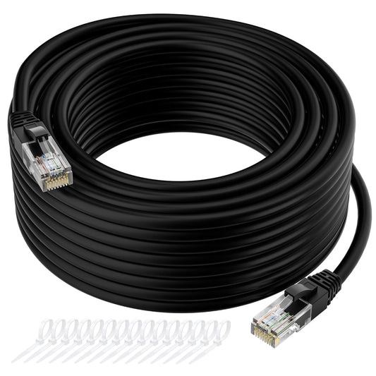 Cat5e Ethernet Cable 50 FT, Long Cat 5e Internet Cable, Black Snagless Patch Cord, Flexible, Network, LAN, PoE, Standard RJ45 Connector for PC, Server, Router, Modem, TV, PS5 - with 15 Cable Ties