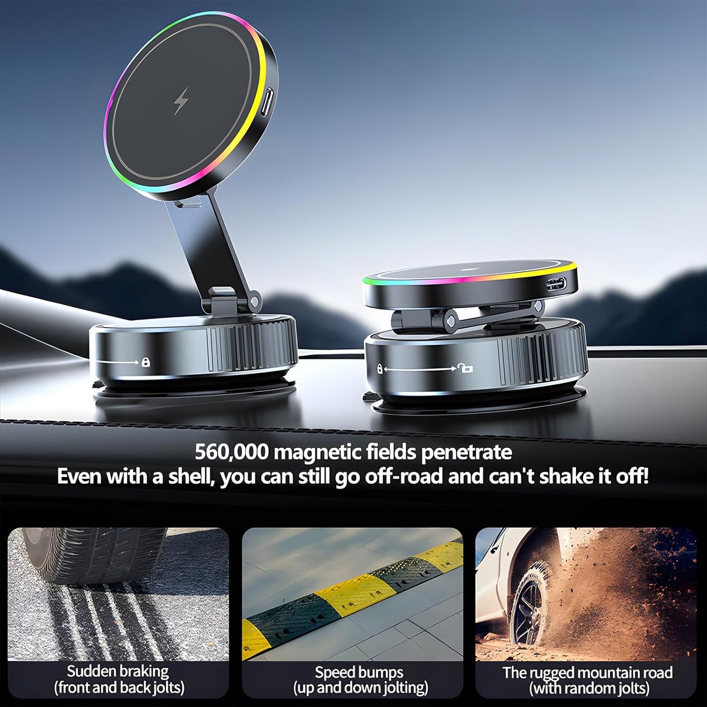 Wireless Charger Car Phone Holder for Magsafe,360°Adjustable Vacuum Magnetic Phone Holder,Nano Gel Suction Cup/RGB Light Suction Cup Mount for Non Smooth Surfaces Compatible iPhone&Android