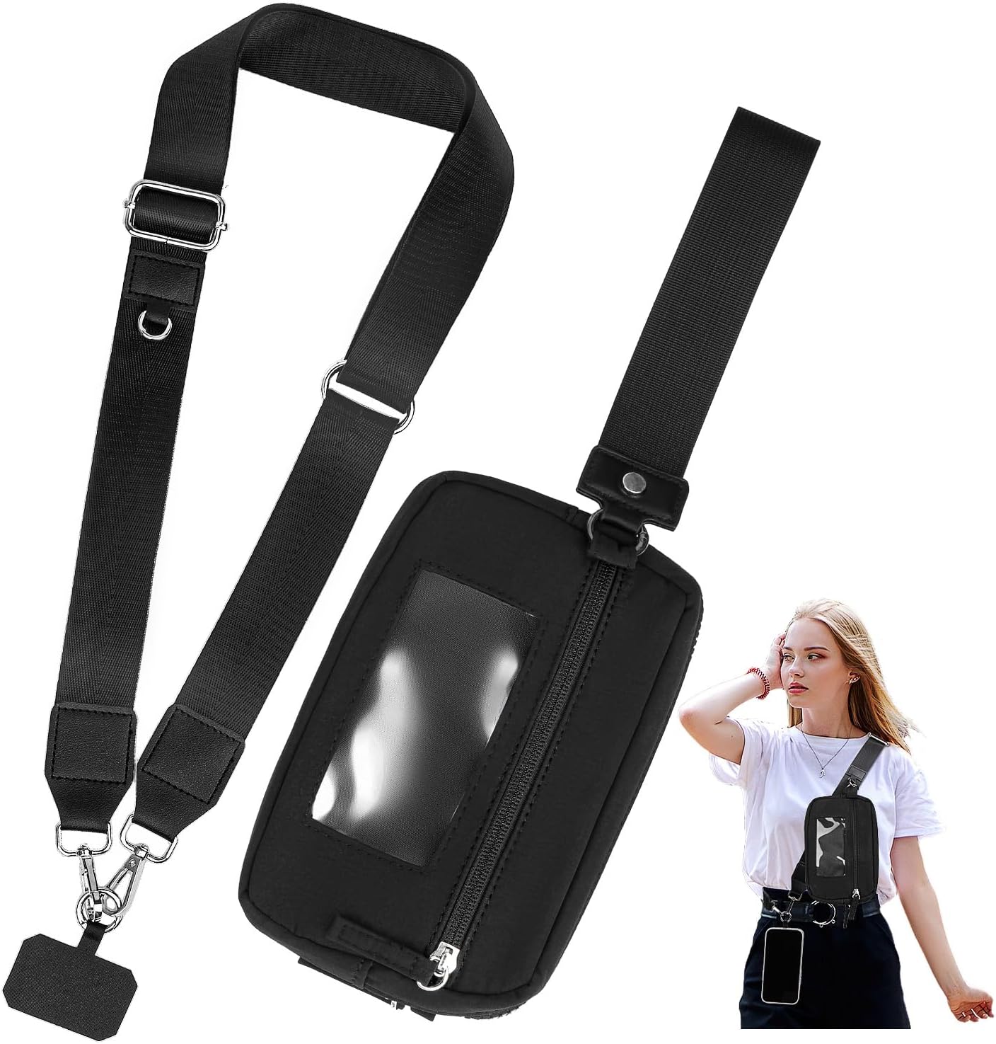 Clip & Go Phone Strap Crossbody with Wallet, 2 Pcs-Crossbody Lanyard with a Zipper Bag & Wrist Lanyard-1 Pad, Save Girls Phone Strap with Pouch, Universal Adjustable Neck Cellphone Holder (Black)