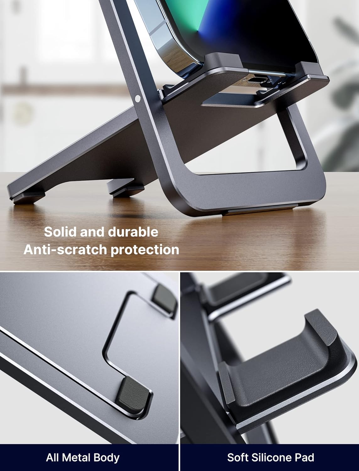 JSAUX Cell Phone Stand, Foldable Aluminum Adjustable Phone Holder for Desk Portable Travel Essentials Office Accessories Compatible with iPhone 16 15 14 13 Pro Max Samsung S24 S23 Ultra Kindle-Gray
