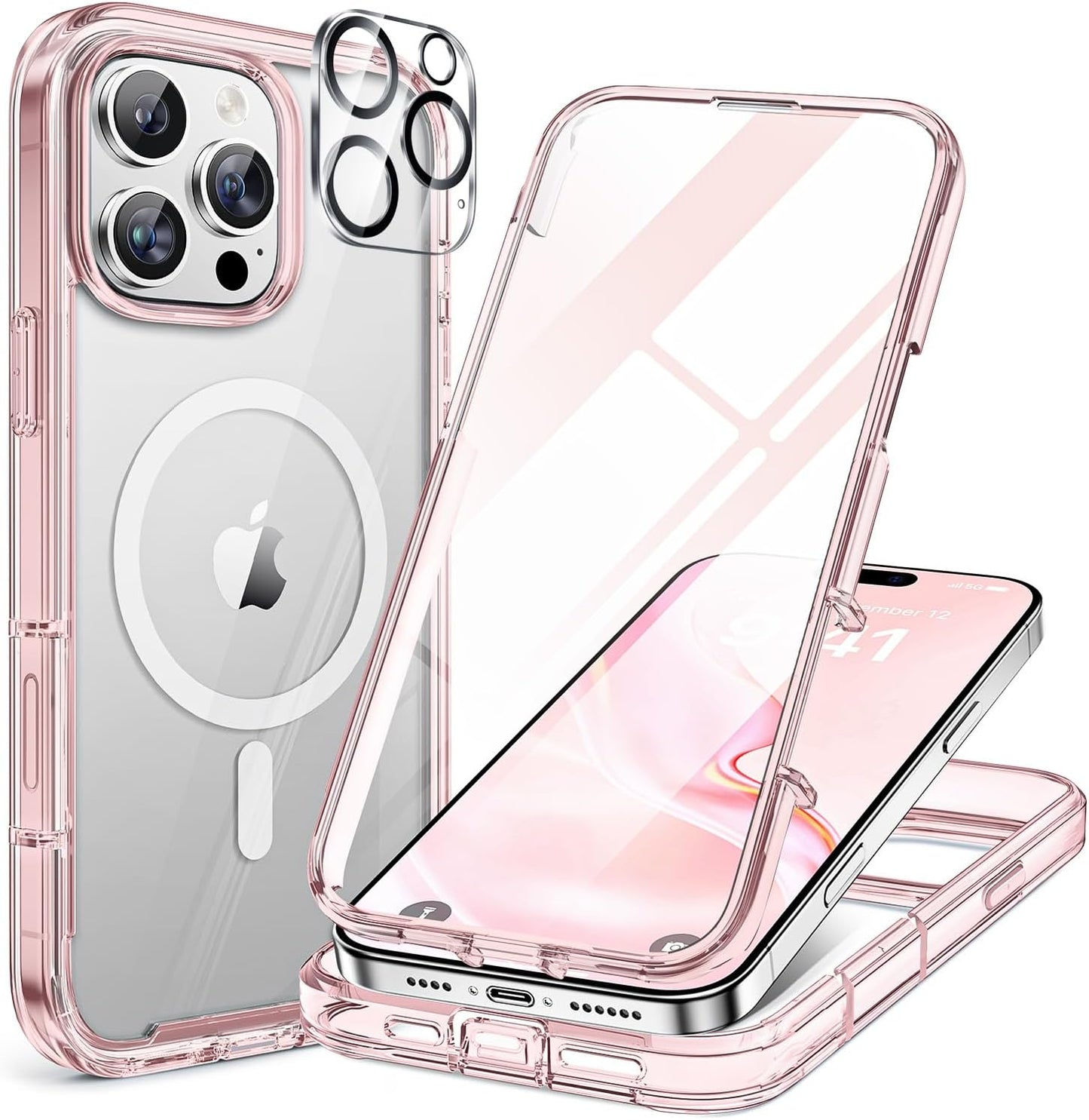Miracase for iPhone 16 Pro Case Full-Body Phone with Built-in Glass Screen Protector, [Compatible with MagSafe] Military Drop Proof 16 Pro Cover Bumper 6.3 inch, Clear Pink