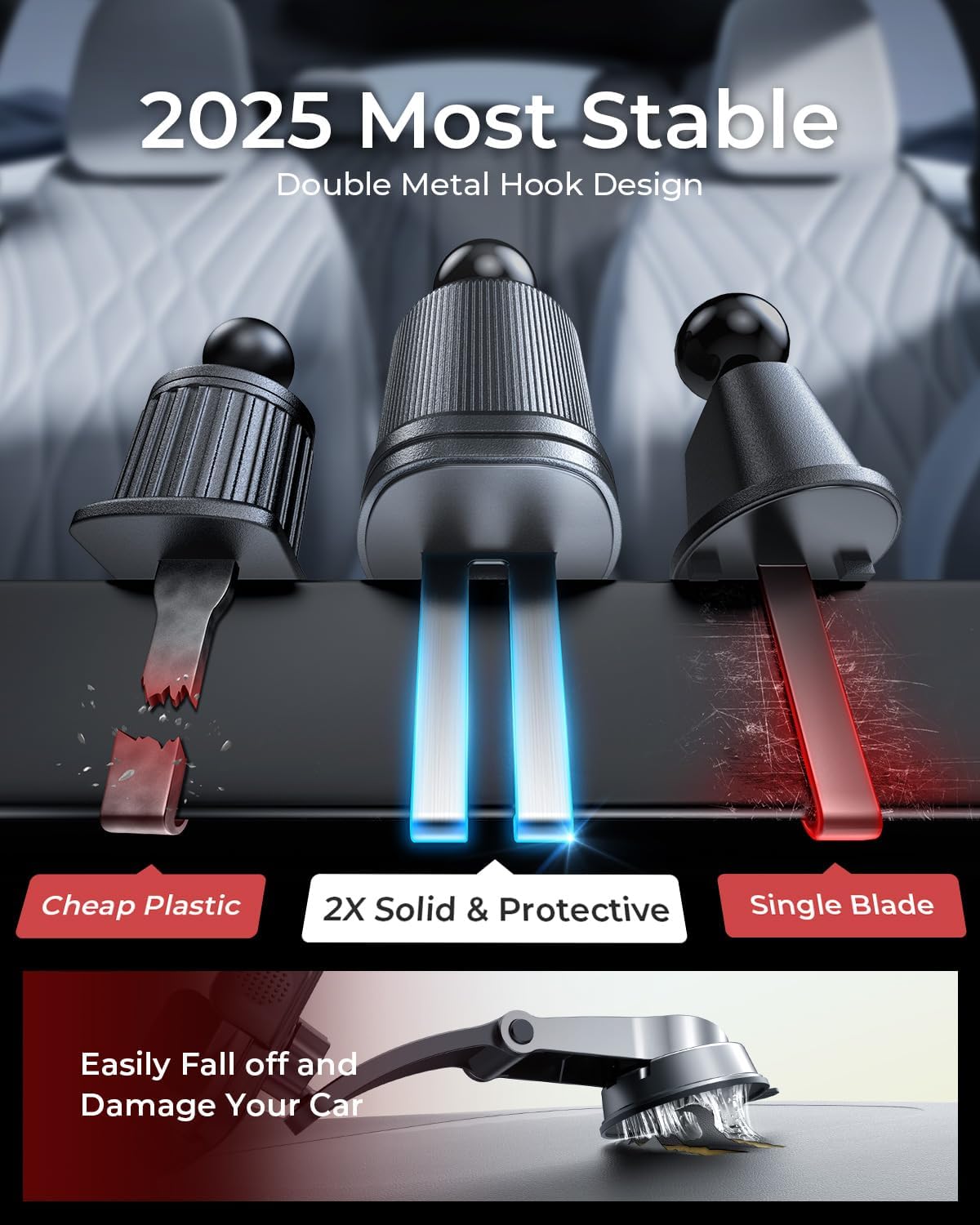 MRGLAS 2025 Upgraded Phone Holders for Your Car with New Metal Hook Clip, Handy Air Vent Cell Phone Car Mount [One Hand Operation], Universal Automobile Cradle for iPhone Android and All Smartphones