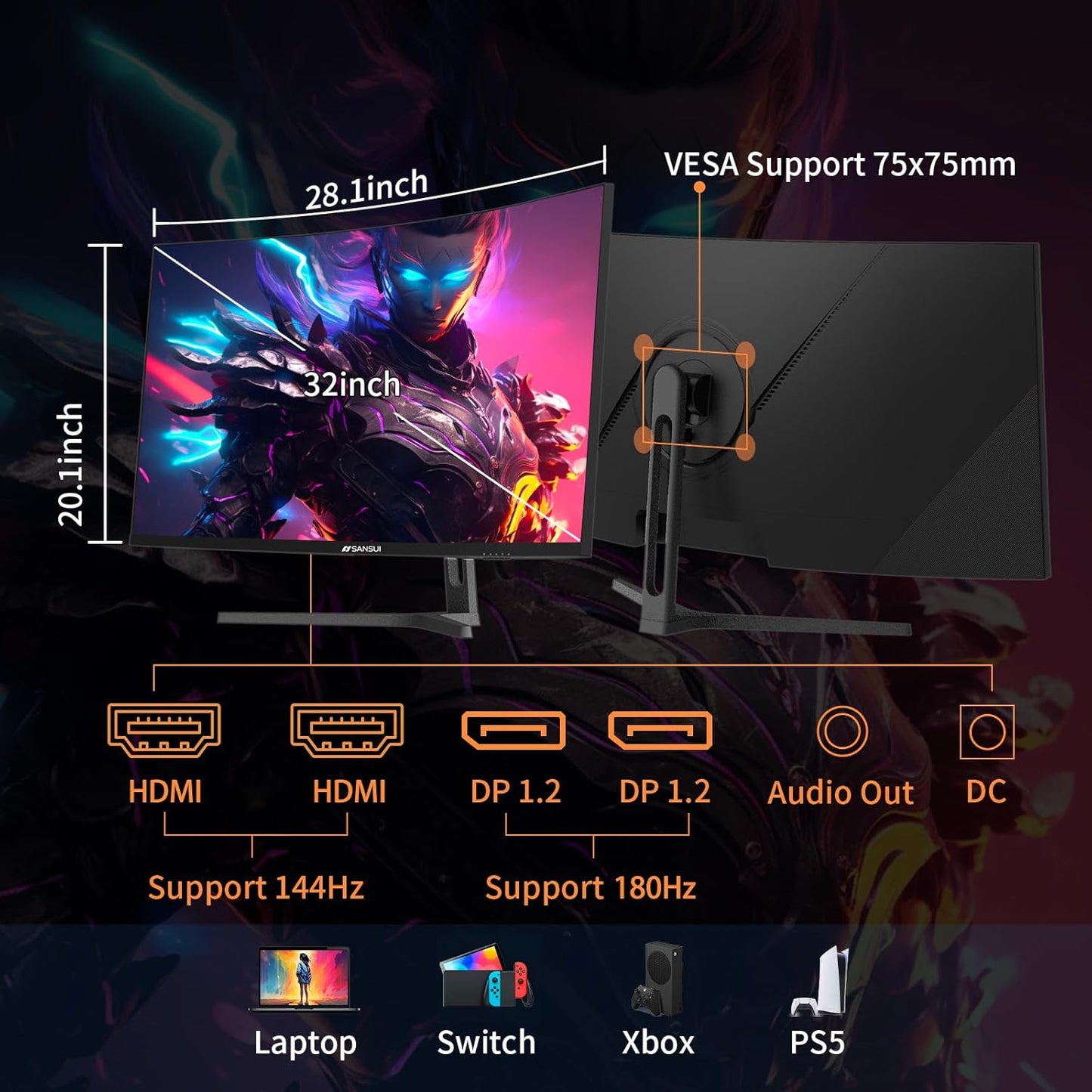 SANSUI 32-Inch Curved Gaming Monitor WQHD 2560 x 1440 180Hz Curved 1500R -1ms(OD), HDR, 300nits, sRGB 125%, DCI-P3 95%, FreeSync, HDMI x2, DP1.2x2(DP Cable Included)