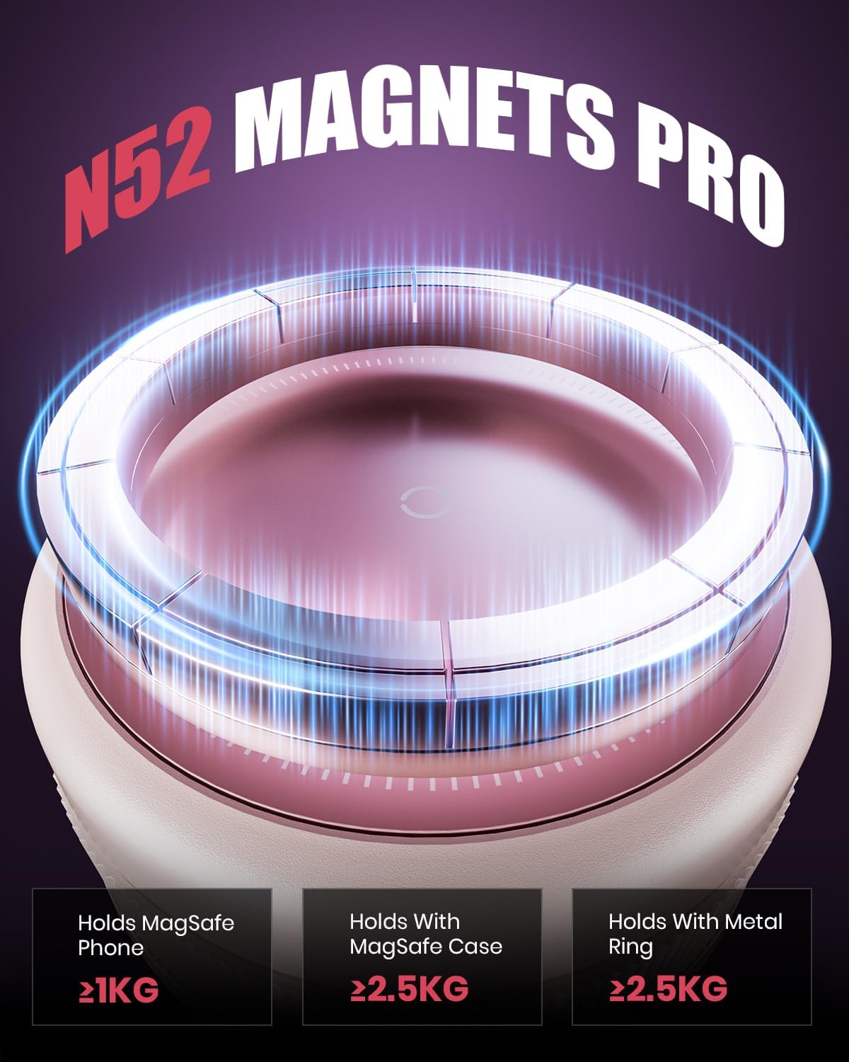 Upgraded 360° Vacuum Magnetic Car Phone Holder for Magsafe [96+LBS Strongest Suction & 2800gf Strongest Magnetic], Adjustable Car Phone Mount for Your Car/Gym/Mirror for iPhone & Android, Light Pink