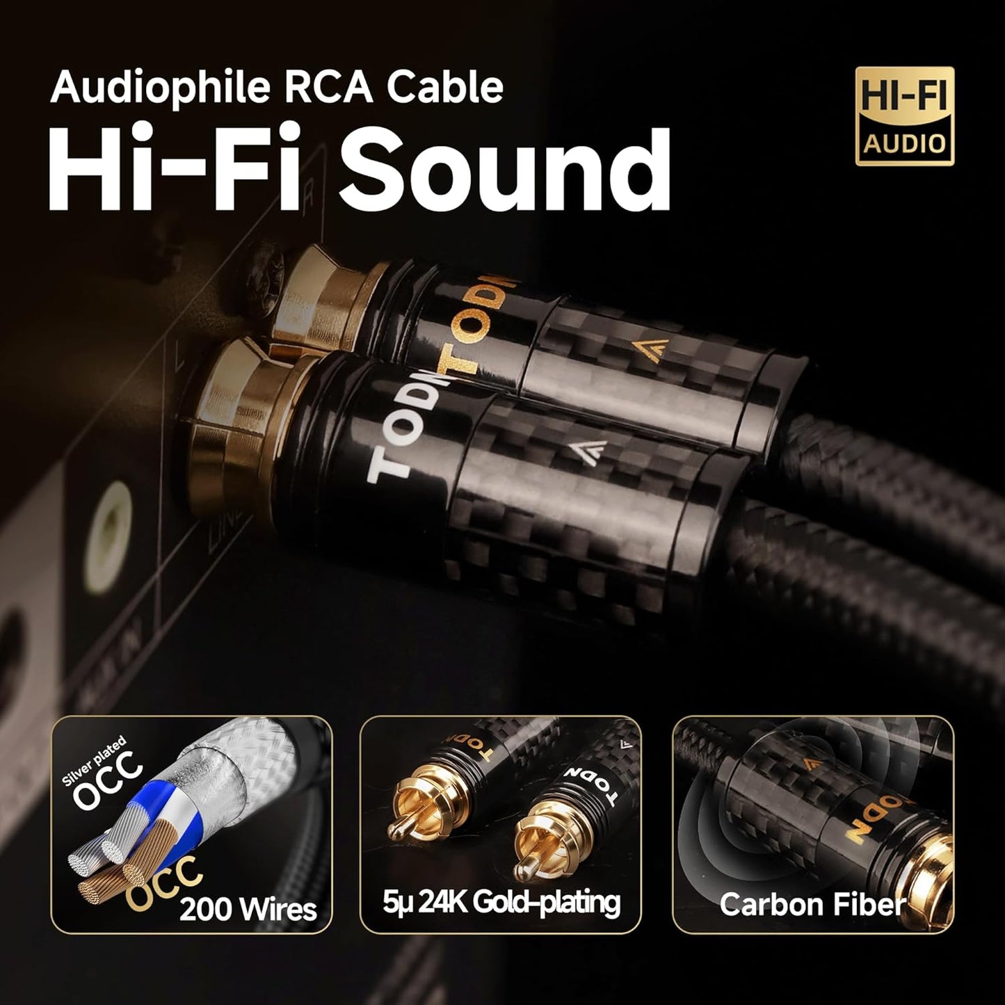 TODN Hi End RCA Cables Audiophile RCA to RCA Stereo HiFi Audio Cable for Car, Speakers,Amps (4.9 ft/1.5 m, 1 Pair)