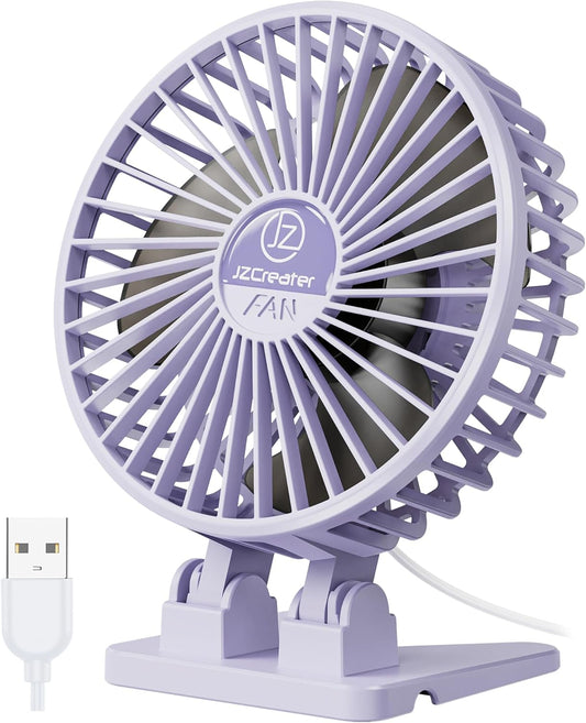JZCreater USB Desk Fan, Mini Fan Portable, 3 Speeds Desktop Table Cooling Fan, Plug in Power Fan, Rotation Strong Wind, Quiet Personal Small Fan for Home Desktop Office Travel Bedroom, Purple