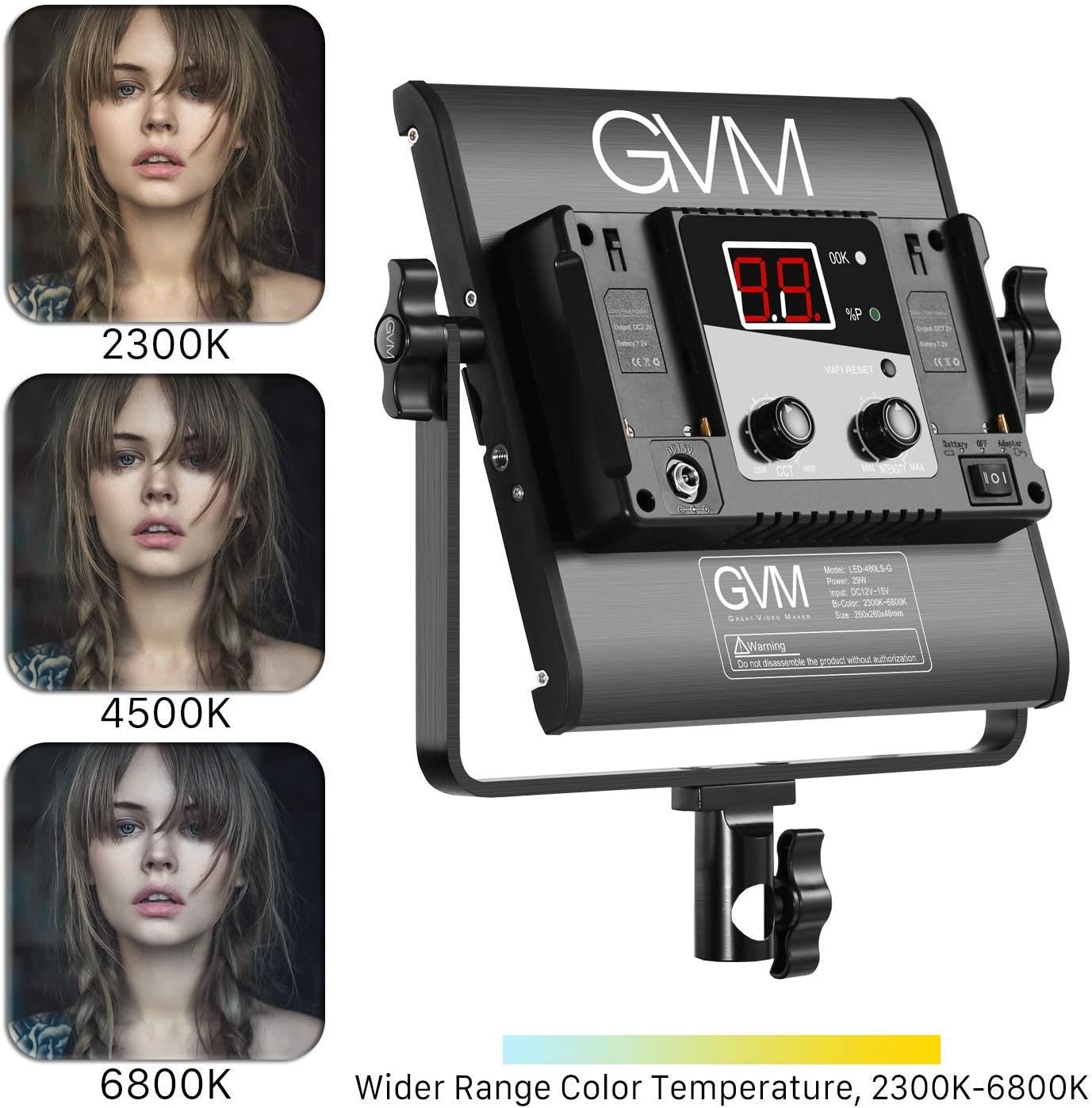 GVM Led Bi-Color Video Lights with APP Function, Variable CCT 2300K-6800K and 10%-100% Brightness with Digital Display for Video Studio Shooting, CRI97+ TLCI97 Led Light Panel +Barndoor