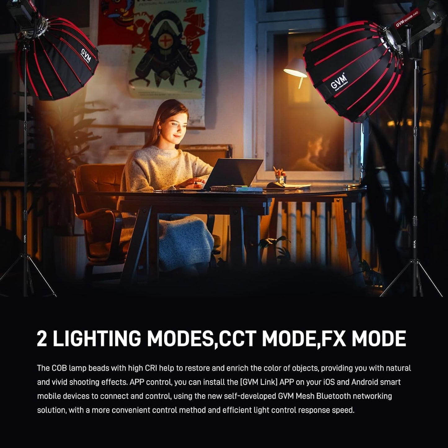 GVM Photography Lighting 300W Bi-Color Studio Lights with 45°Standard Reflector 454900Lux@1m Video Light 12Lighting Scenes App Control LED Video Light for Outdoor Shoot YouTube Videos