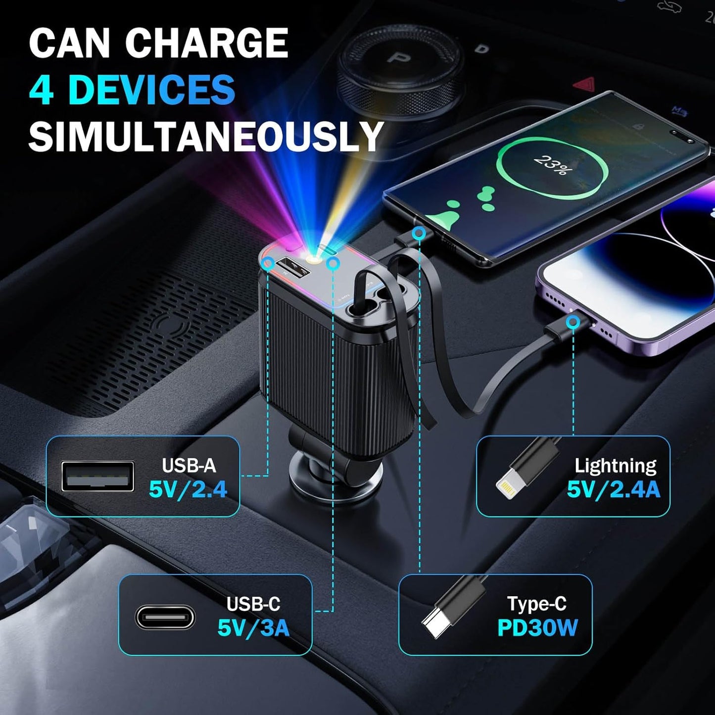 Car Charger with Starlight, 66W USB C Fast Car Charger Adapter, 4 in 1 Retractable Car Chargers with 2 USB Ports for iPhone 15/14/13/12/11 and for Android (Dark Black)