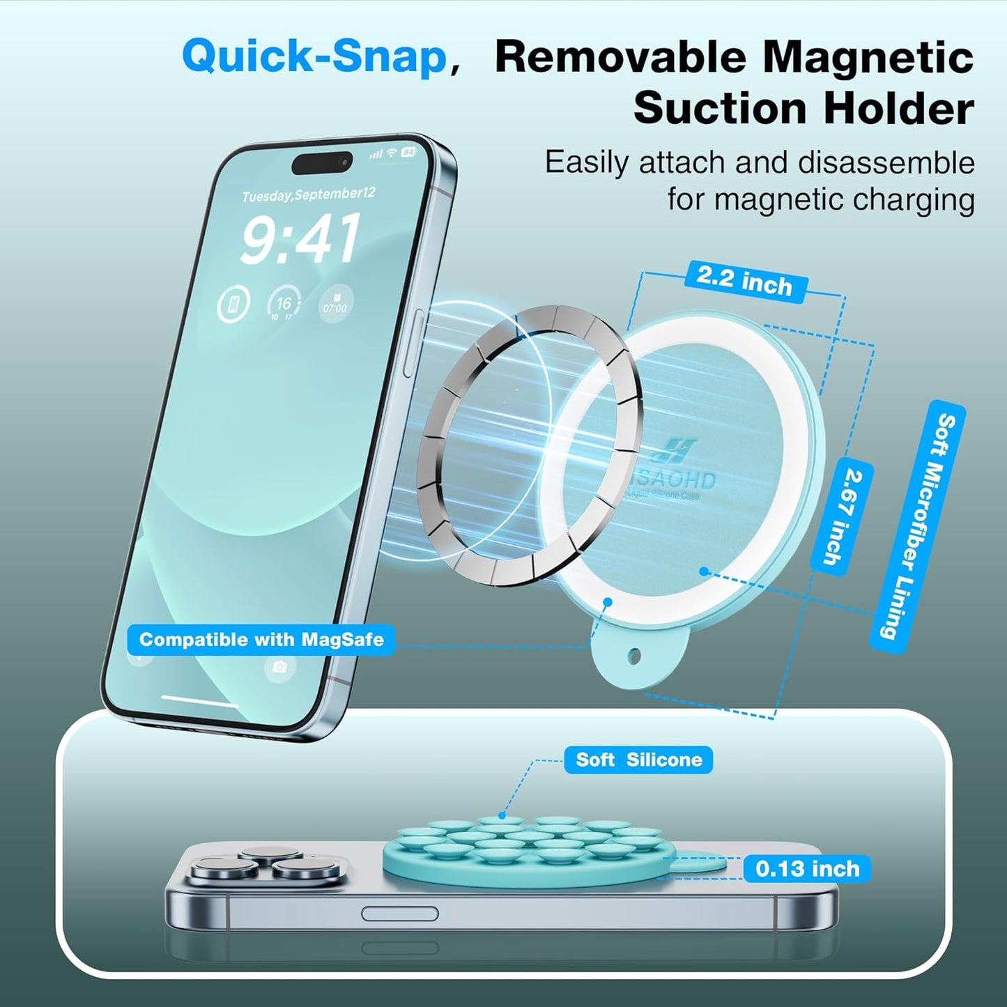 Magnetic Suction Cup Phone Mount for MagSafe Case, Silicone Hands-Free Grip Holder for iPhone and Android, Mirror Shower Phone Stand for Makeup FaceTime Gym Kitchen Bathroom, Light Cyan