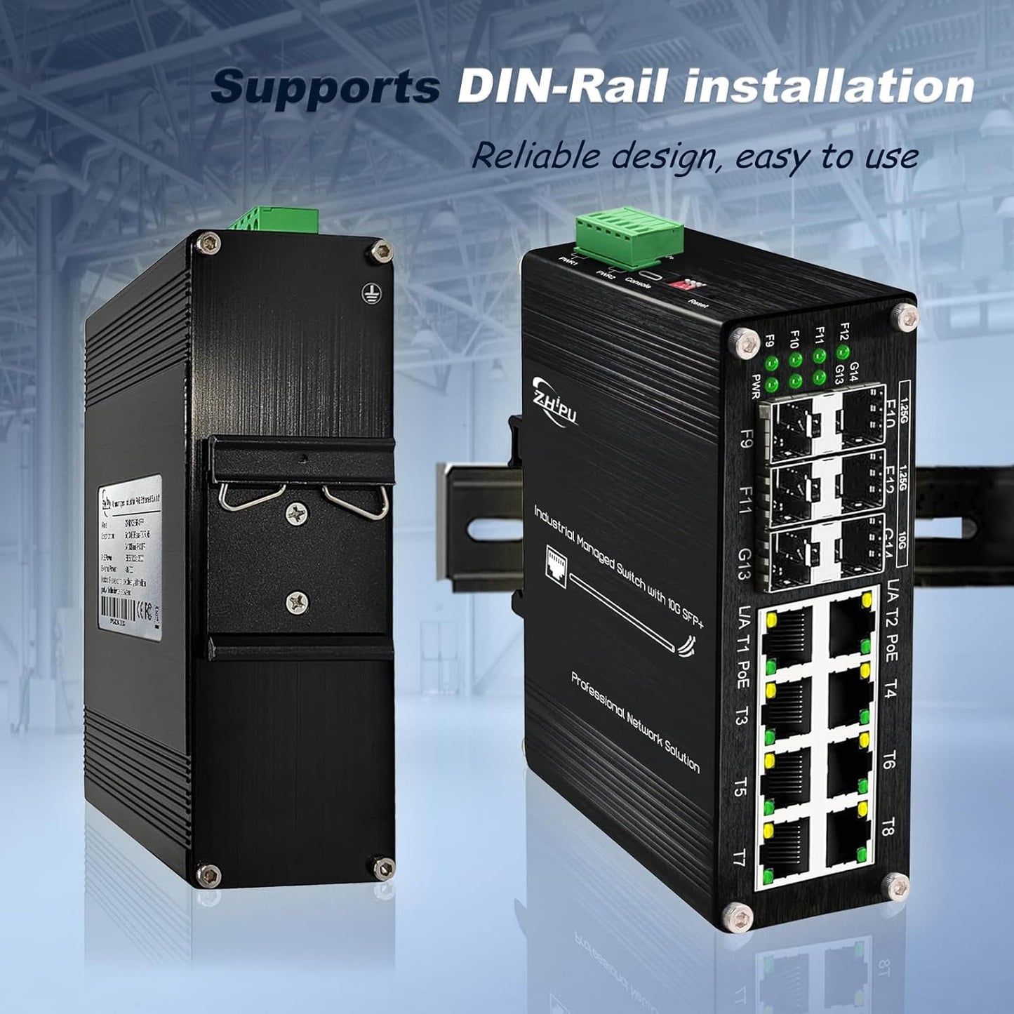 Industrial Managed 10G Ethernet PoE Switch, 2*10G SFP + Slot+4*Gigabit SFP Slot +8*RJ45 Port, PoE Networking Switch Supporting Din-Rail, 48~57VDC Power Input