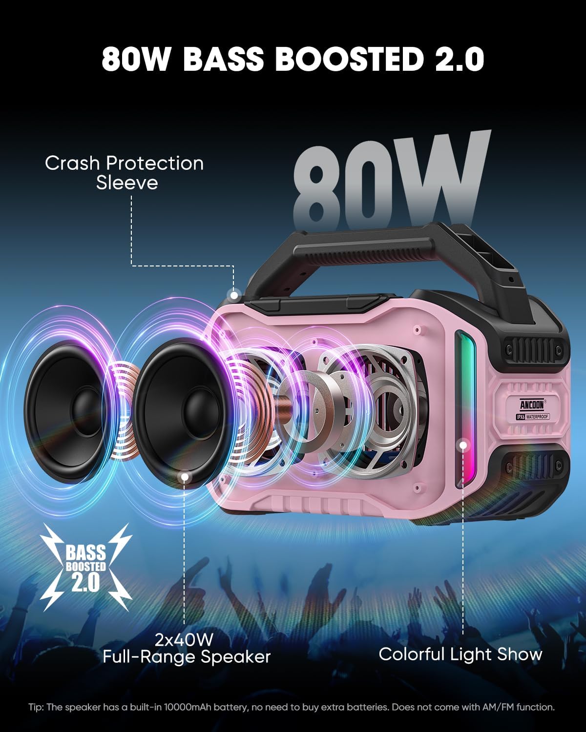 Speakers Bluetooth Wireless: 80W(Peak) Loud Speaker with Bass, 20H Playtime, IPX6 Waterproof, Large Jobsite Speakers for Work, Outdoor, Workshop, Garage, Portable Speaker with TWS (Pink)