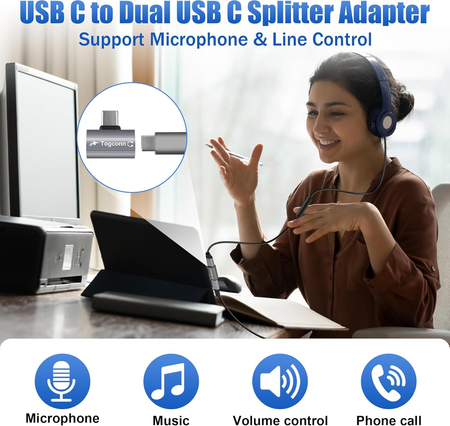 Dual USB C Headphone and Charger Adapter Splitter, 2-in-1 Type C to USB-C Audio Adapter with PD 60W Fast Charge, Type-C Splitter Dongle Converter for iPhone 16 Series, Galaxy S24/23, iPad Pro, Pixel 8