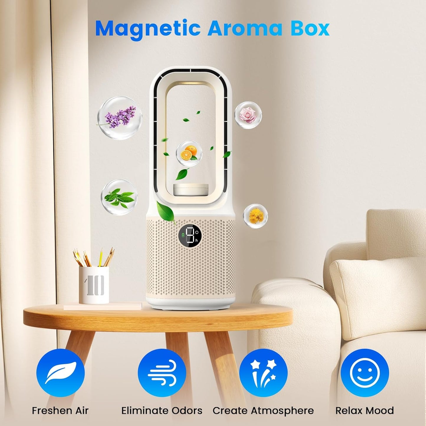 Misby Desk Fans Small Quiet, 13 Inch Bladeless Table Fan, 9 Speeds for Powerful Airflow, 70° Oscillating Fan with Night Light and Timer, Desktop Cooling Fan for Bedroom, Office, Nightstand