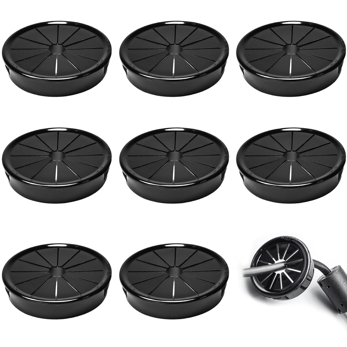 8 Pcs Cable Grommet, Snap Bushing 2" (50 mm) Mounting Diameter, Flexible Petal-Shaped Buckle Round Nylon Desk Grommet for Wires Through Countertop Cord Organizer and Protection, Black