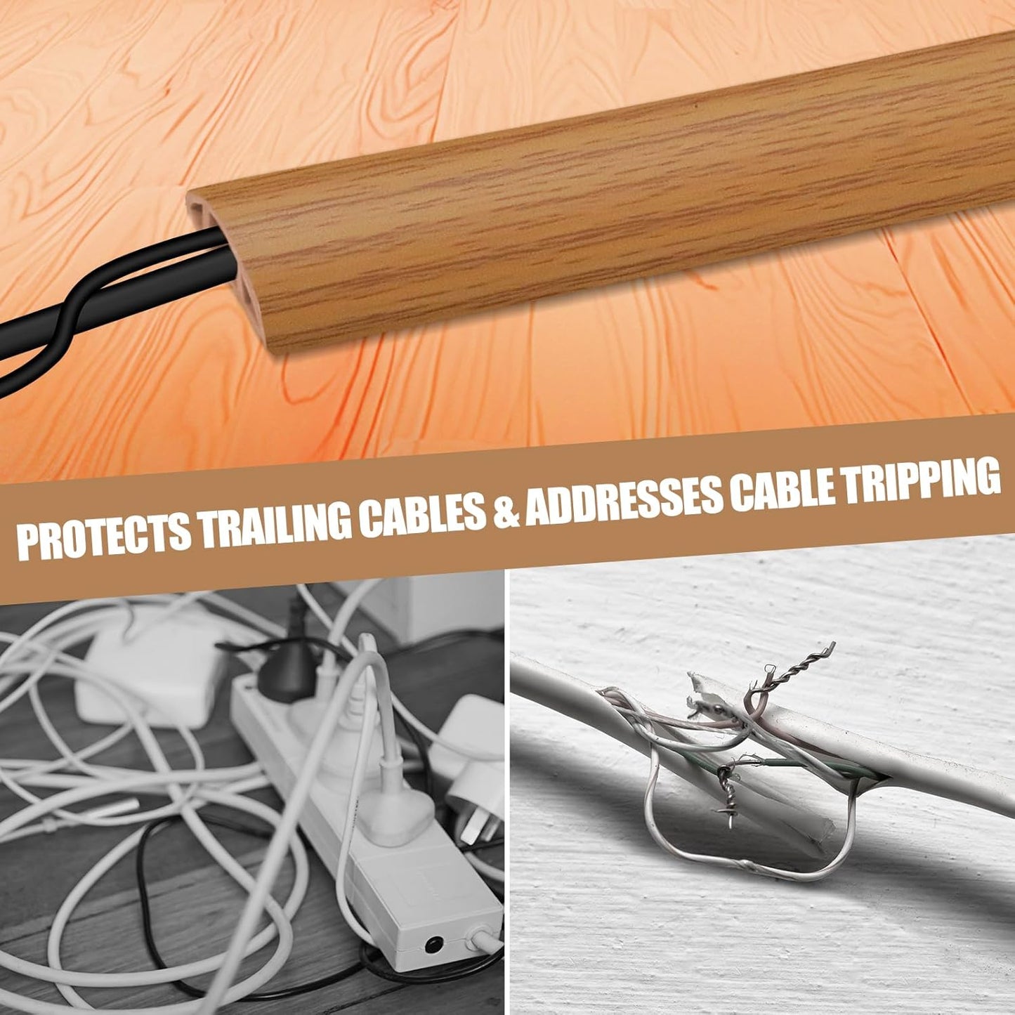 Floor Cord Cover Self Adhesive Cord Hider,3.3FT Cable Management, Extension Strip Protector for Wires, Prevent Cable Trips for Offices, Gyms, Exhibitions Cavity:0.51"(W) x 0.3"(H) Brown Wood