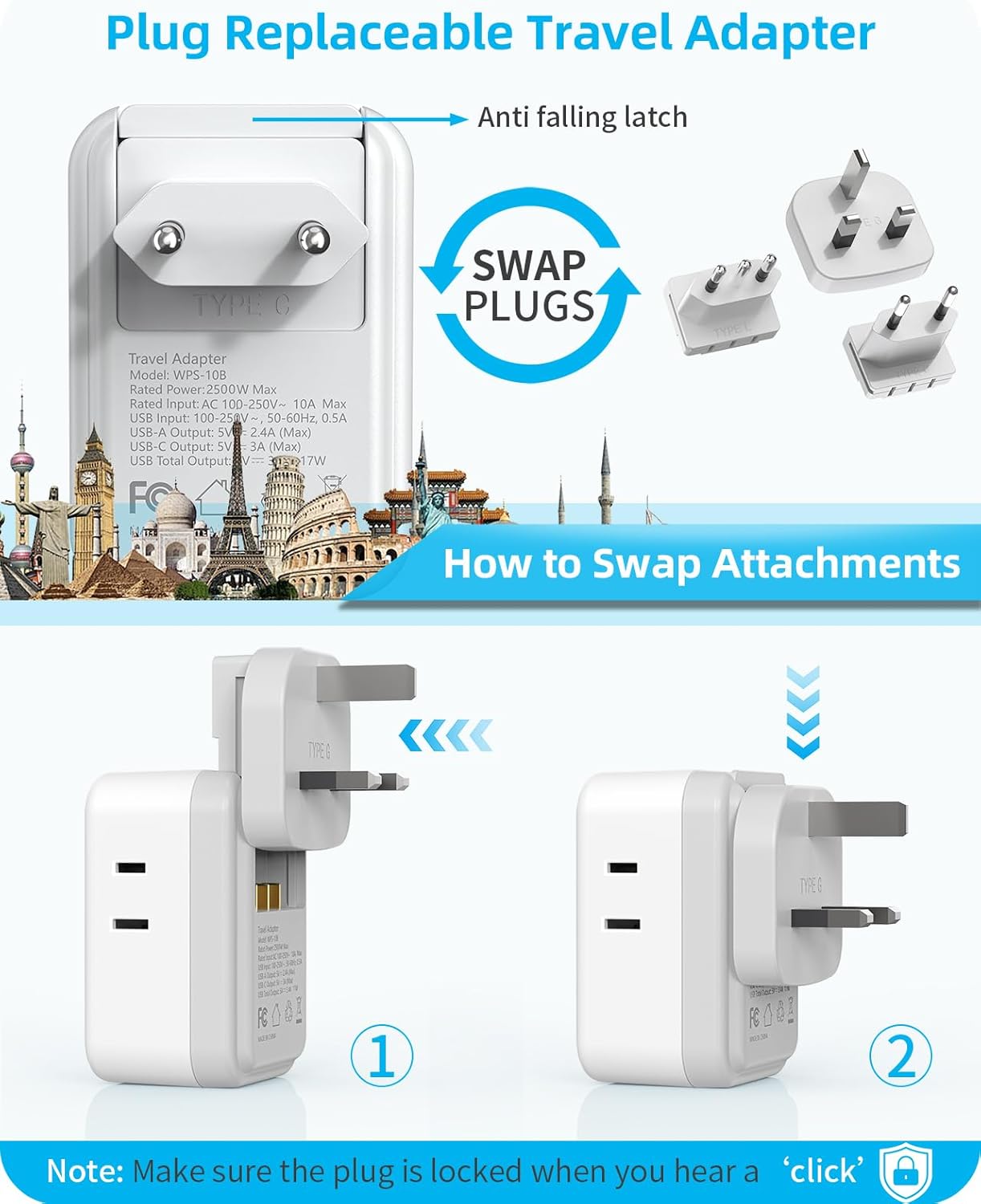 European Travel Plug Adapter USB C, US to EU/UK Plug Adapter- 4AC Outlets 4 USB Charger, International Power Adaptor kit Include Type G/C/L for American to England Italy France Germany Greece