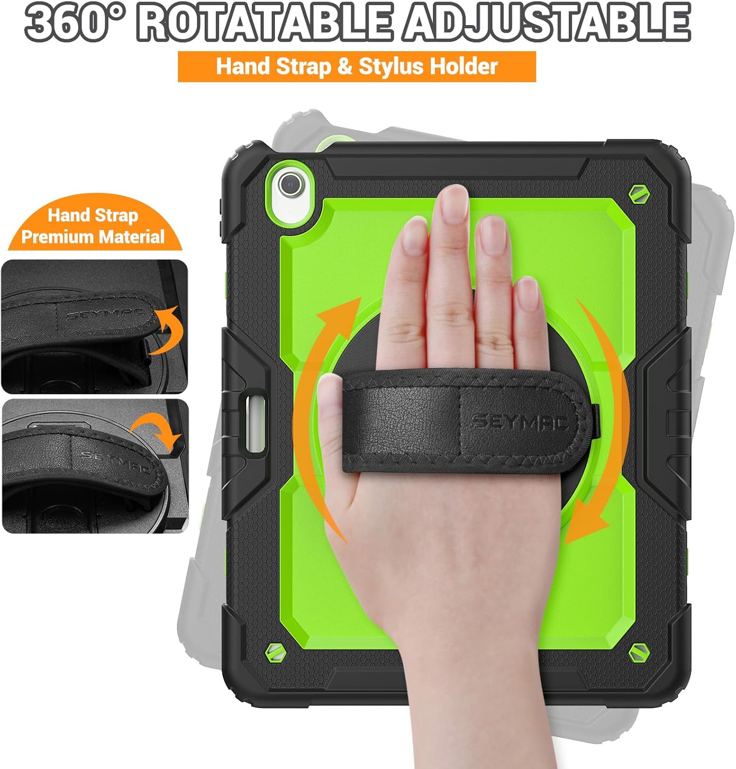 SEYMAC for iPad Air 13 Inch Case M3 2025/ M2 2024, Heavy Duty Shockproof Protective Case with Screen Protector, 360° Rotating Stand, Hand/Shoulder Strap and Pen Holder for iPad Air 13, Green