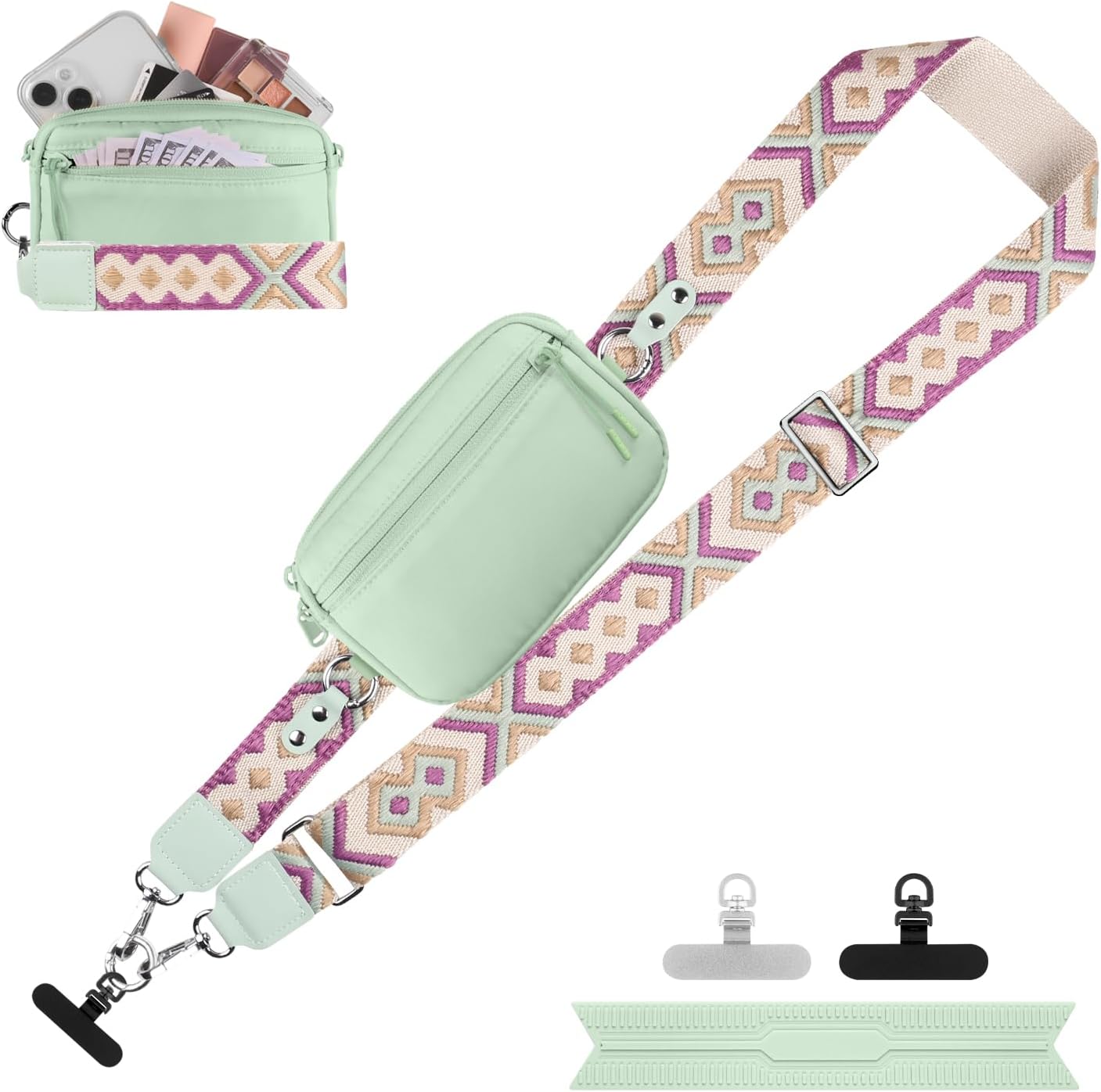 Clip and Go Strap for Phone with Wallet Crossbody, Adjustable Phone Lanyard with Detachable RFID Wristlet Wallet, Pattern Strap, Green (M)