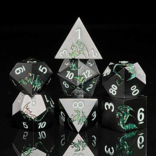 D&D Dice Set Metal Dragon Polyhedral DND Dice Set with Dragon Gift Box for Game Dice Dungeons and Dragons TTRPG(Black with Glitter Green Dragon)