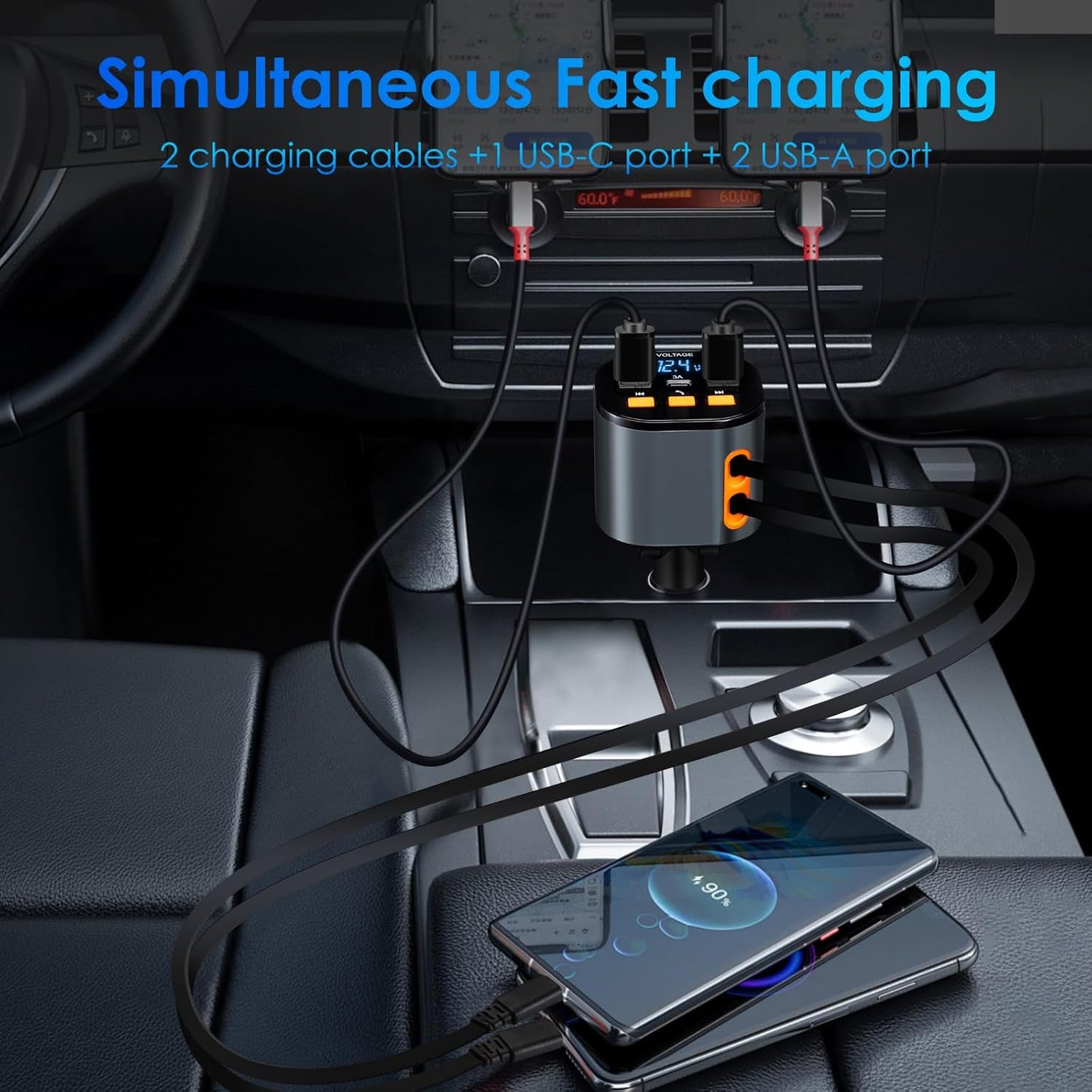 Retractable Car Charger,5 in 1 Fast Car Phone Charger 90W,Bluetooth 5.3 FM Transmitter Adapter,Handsfree Call,2 Retractable USB-C Cables and USB Cars Chargers for iPhone 16/15/14/13/12/11,Galaxy,Pixel