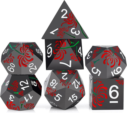 PJOY Metal Dice Set D&D Flower Dice Set DND Polyhedral Dice for RPG Role Playing Games Compatible with Dungeons and Dragons TTRPG Black Red White DND Dice