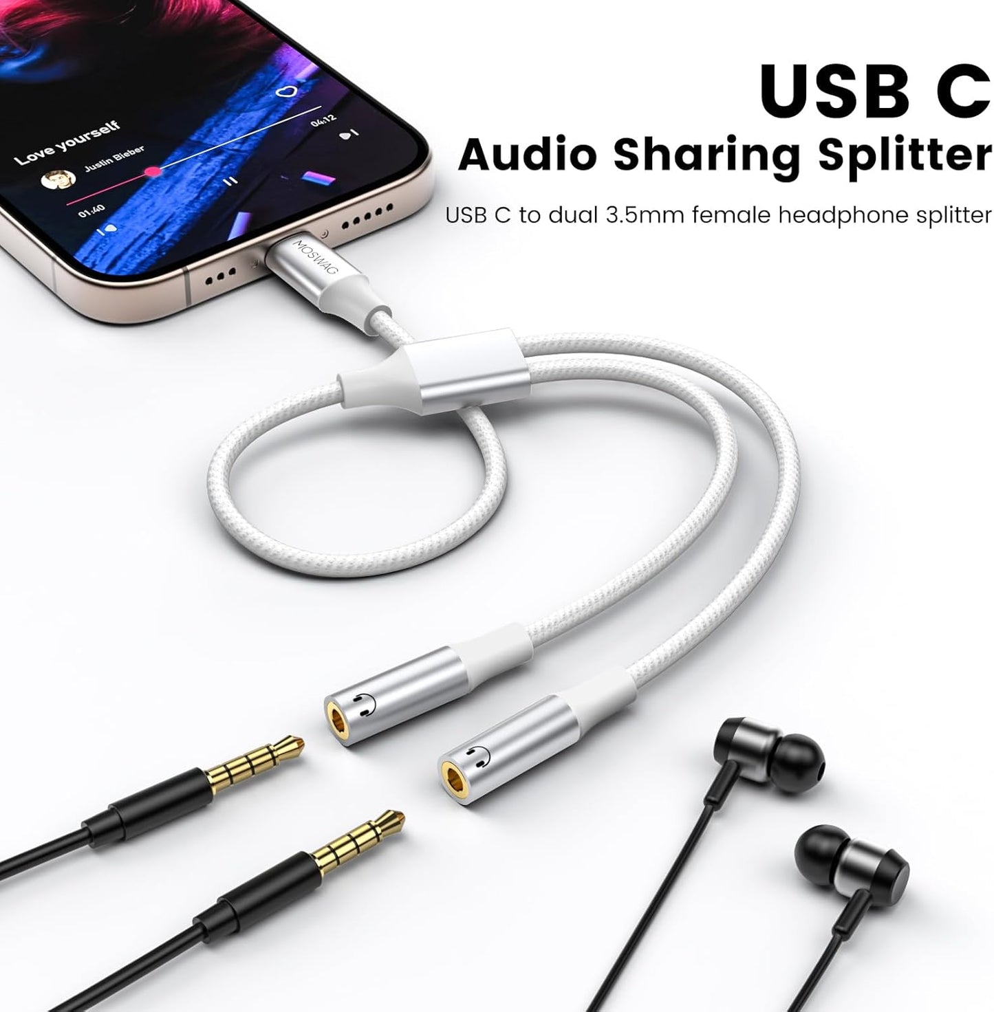 MOSWAG Type C to Dual 3.5mm Aux Headphone Jack Adapter, Type C to Dual 3.5mm Aux Headphone Jack Adapter Compatible with Pixel 7 6 Pro 5, for Galaxy S23 S22 S21 Ultra Note 20 Ultra iPad Air MacBook