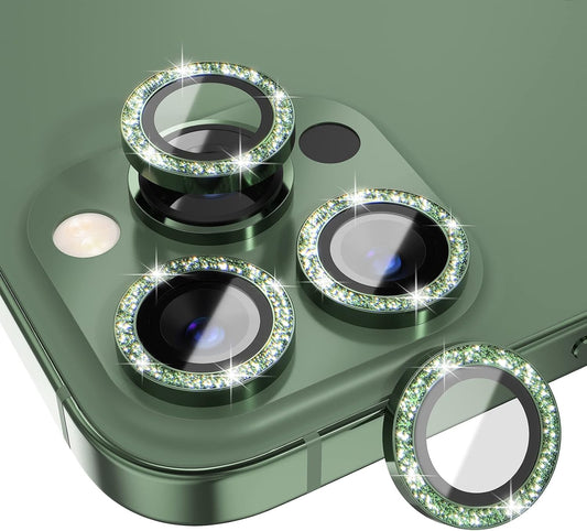 Choiche [3+1 for iPhone 13 Pro/iPhone 13 Pro Max Camera Lens Protector Bling, 9H Tempered Glass Camera Cover Screen Protector Metal Ring Decoration Accessories (Glitter-Alpine Green)