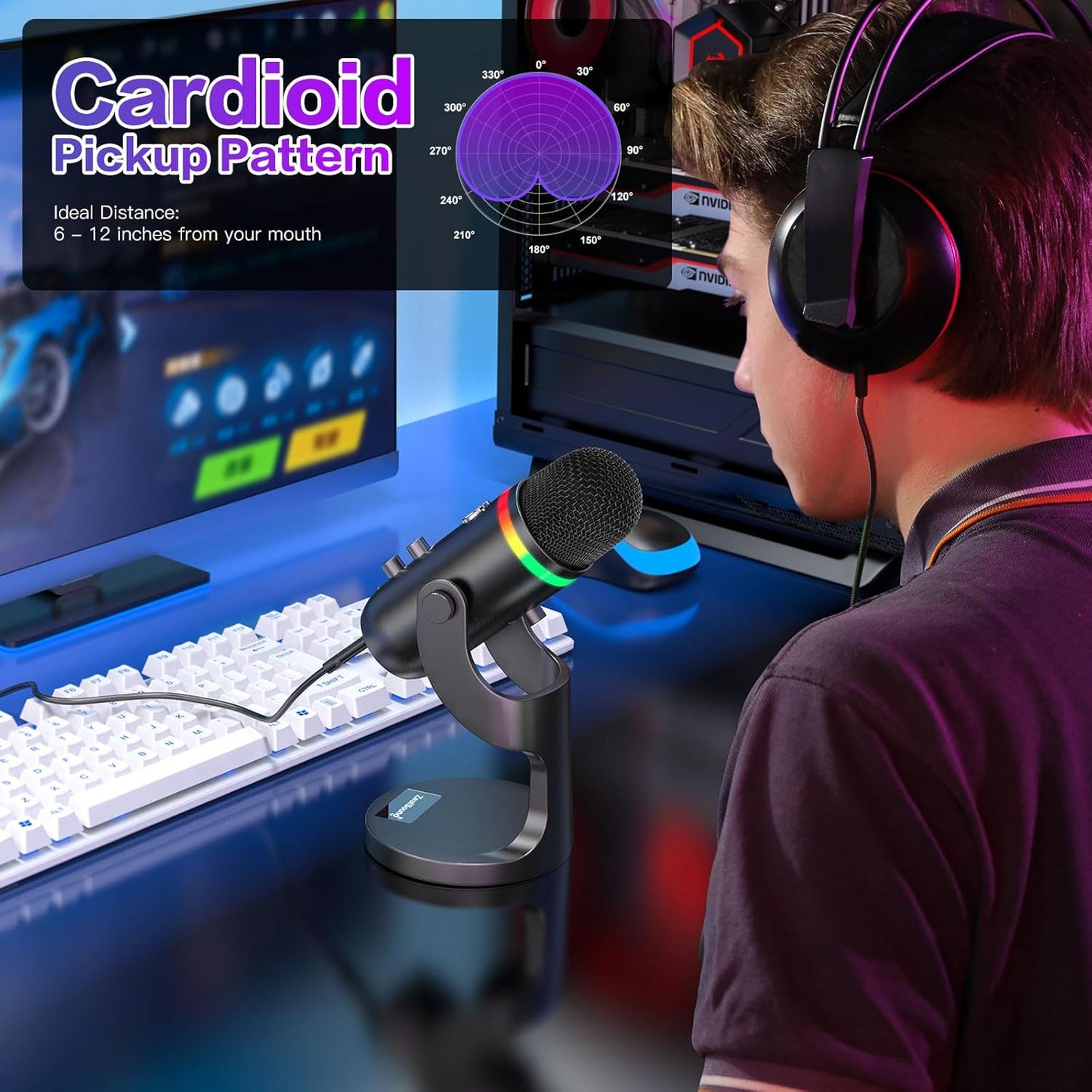 ZealSound USB Microphone for iPhone,Noise Cancellation Condenser mic with Touch Mute,Gain,Echo,Monitoring,RGB for iPad,PC,Podcast,Streaming,Twitch,YouTube,Discord,Computer,PS4,PS5,Mac,GamerWave K66