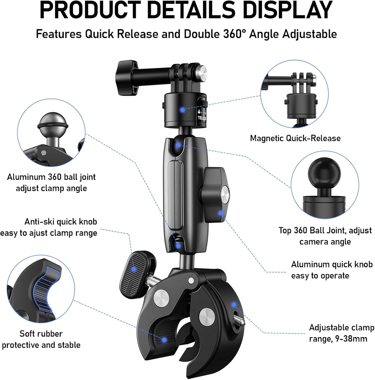 TELESIN° S2 Quick Release Clamp Bike Mount Motorcycle Handlebar Holder, Roll Bar Tube Clip Mounting Accessories for GoPro13 12 11 10 9 8 7 Go Pro Max Insta360 X3 X4 X5 Ace Pro DJI Action 3 4 Pocket 3