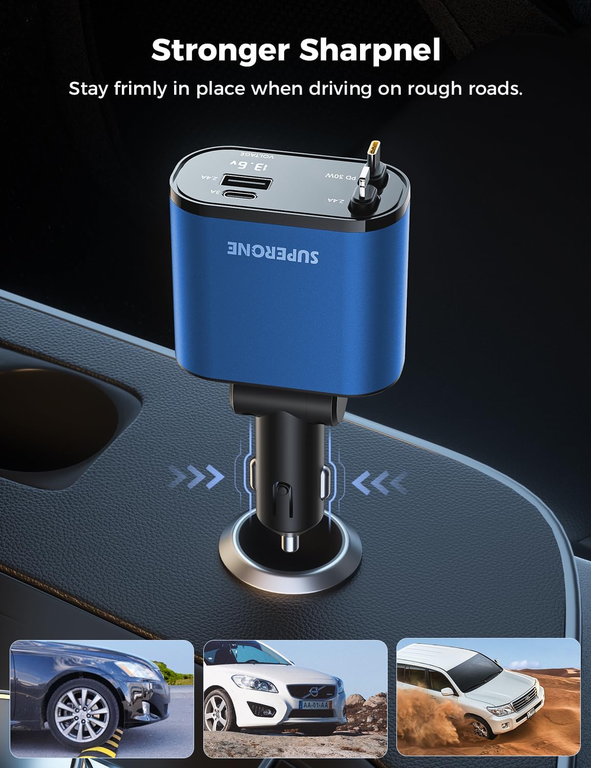 【Upgraded】 SUPERONE Retractable Car Charger 4 in 1, Fast Car Phone Charger with Cord 2.6ft, USB C and Apple Car Charger Adapter, Compatible with iPhone 16 15/15 Pro Max/14/13/12/11, Galaxy, Pixel