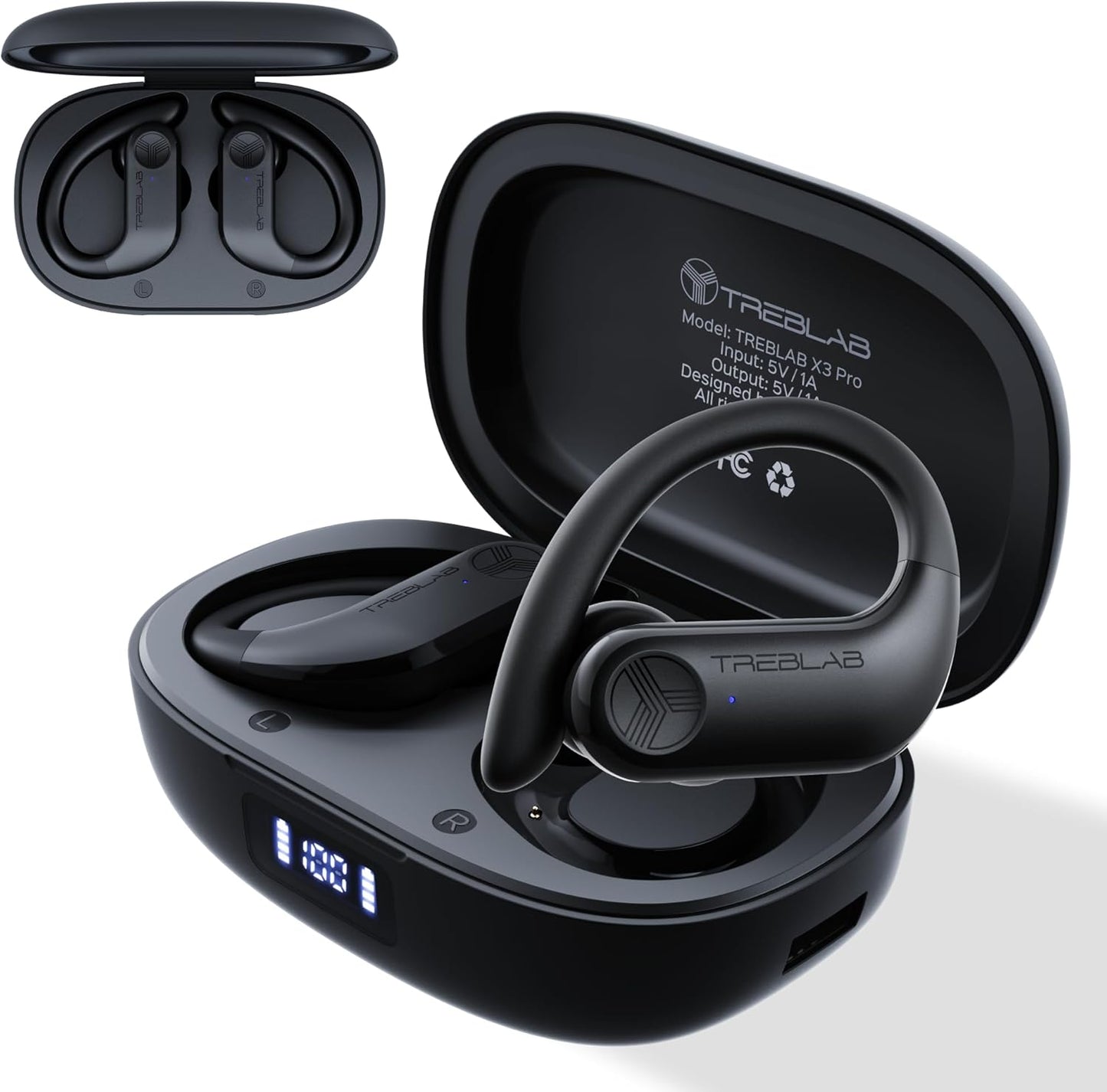 TREBLAB X3 Pro - Workout True Wireless Earbuds, Comfortable Earhooks, Bluetooth 5.3, Punchy Bass, Noise Isolation, 145H Playtime, IPX5 Waterproof, Sweatproof, 2 Mics for Calls, Sport Bluetooth Earbuds
