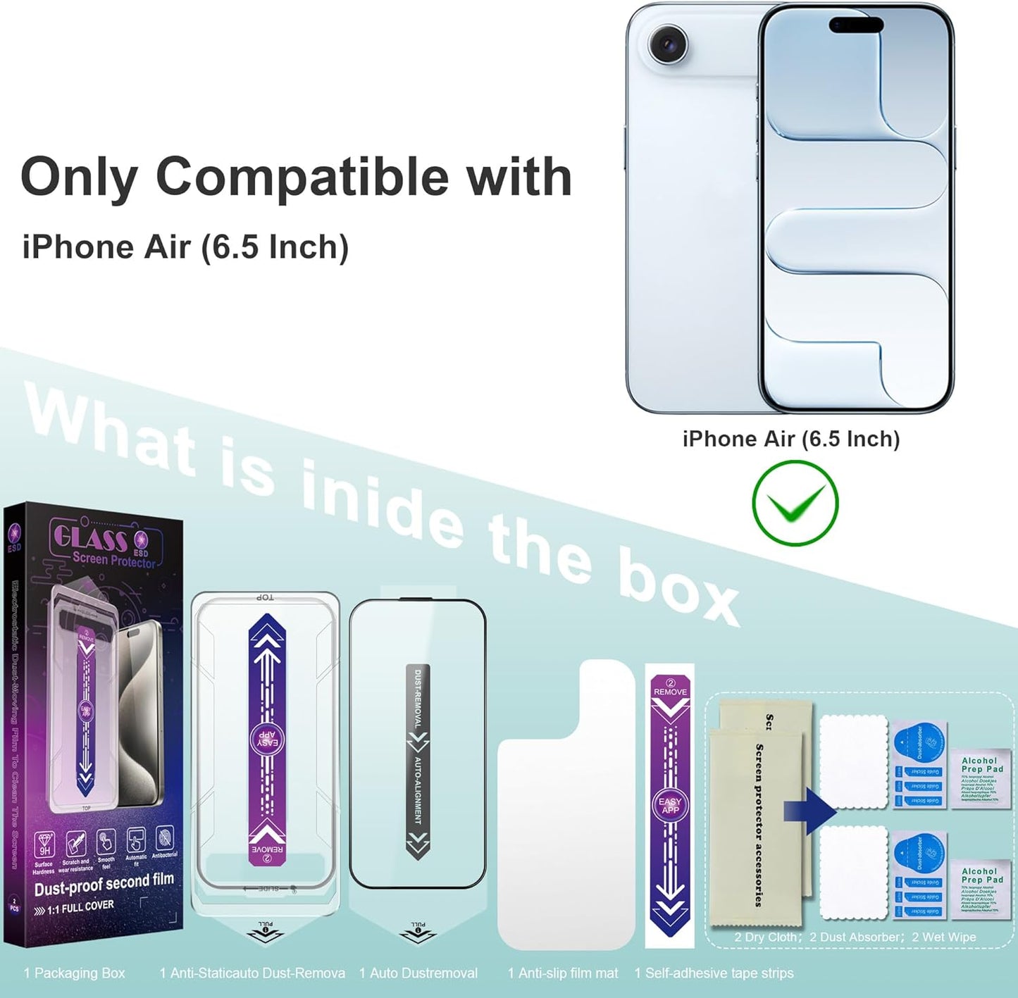 Screen Protector for iPhone Air 6.5-Inch, 2 Pack, 9H Tempered Glass, HD Clear, Full Cover, Anti-Fingerprint, Easy Installation