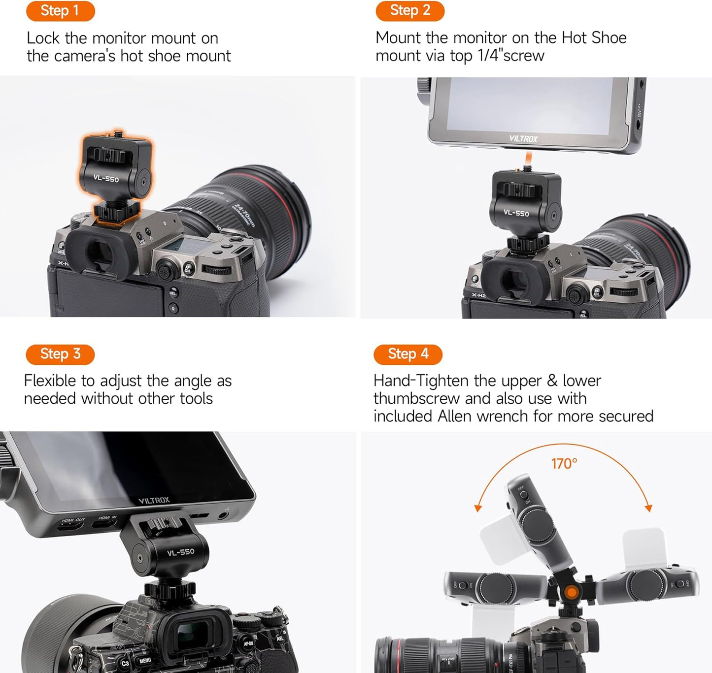 Adjustable Gimbal Monitor Cold Shoe Adapter, Metal Field Monitor Mount Holder, 360 Degree Swivel and Tilt Adjustable Monitor Mount Bracket with Cold Shoe Mount, Locating Pin Design Cold Hot Adapter