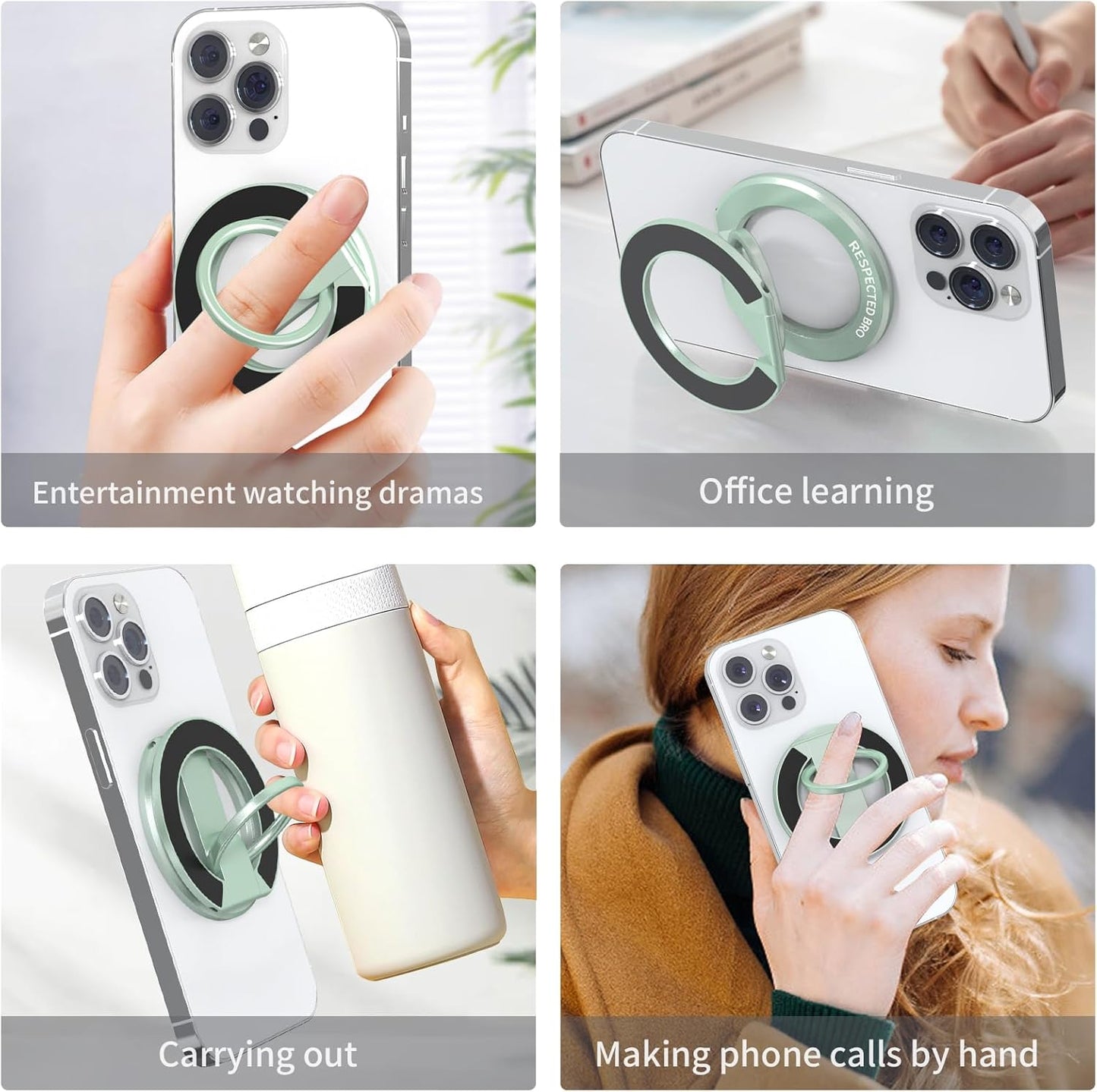 RESPECTED BRO-Magnetic-Phone-Ring-Holder with Dual Rings, Compatible with iPhone 16/15/14/13/12, Multifunctional Stand for Desk,Office,Gym,Kitchen & All Metal Surfaces, Finger Loop Grip (Light Green)