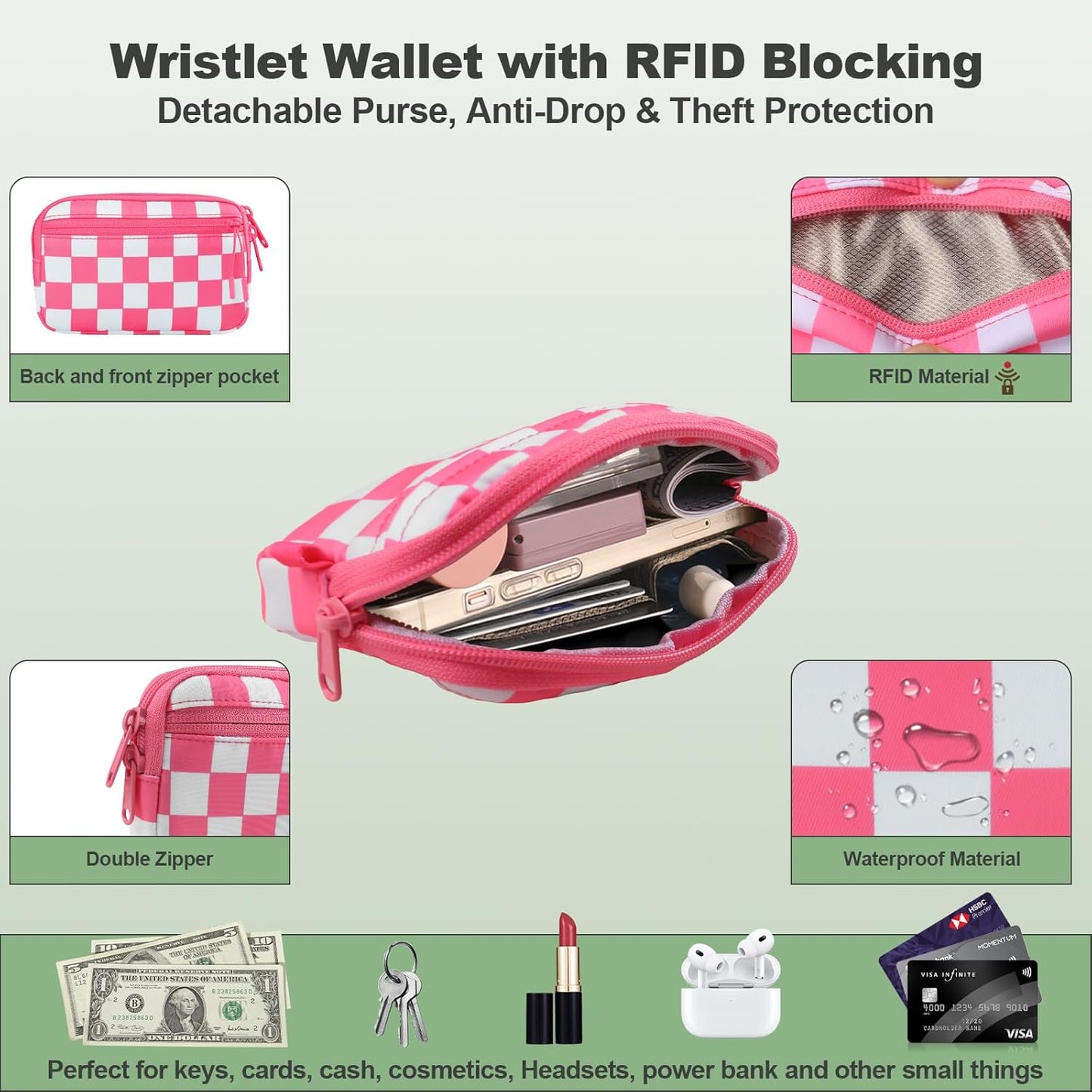 Clip and Go Strap for Phone with Wallet Crossbody, Adjustable Phone Lanyard with Detachable RFID Wristlet Wallet, Phone Strap with Phone Tabs for All Phones, Pink Checkered (M)