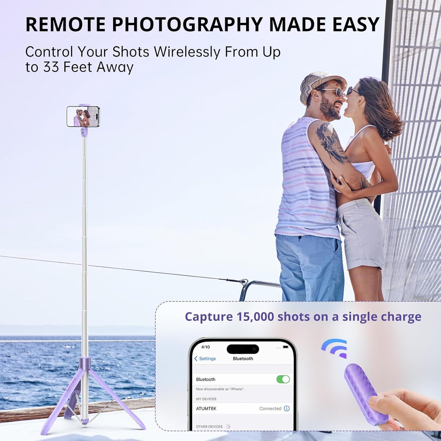 ATUMTEK 60" Selfie Stick Tripod, All-in-One Extendable Phone Tripod with Bluetooth Remote, Storage Bag Included, for iPhone and Android Phone Selfie, Video Recording, Vlogging, Live Streaming, Purple